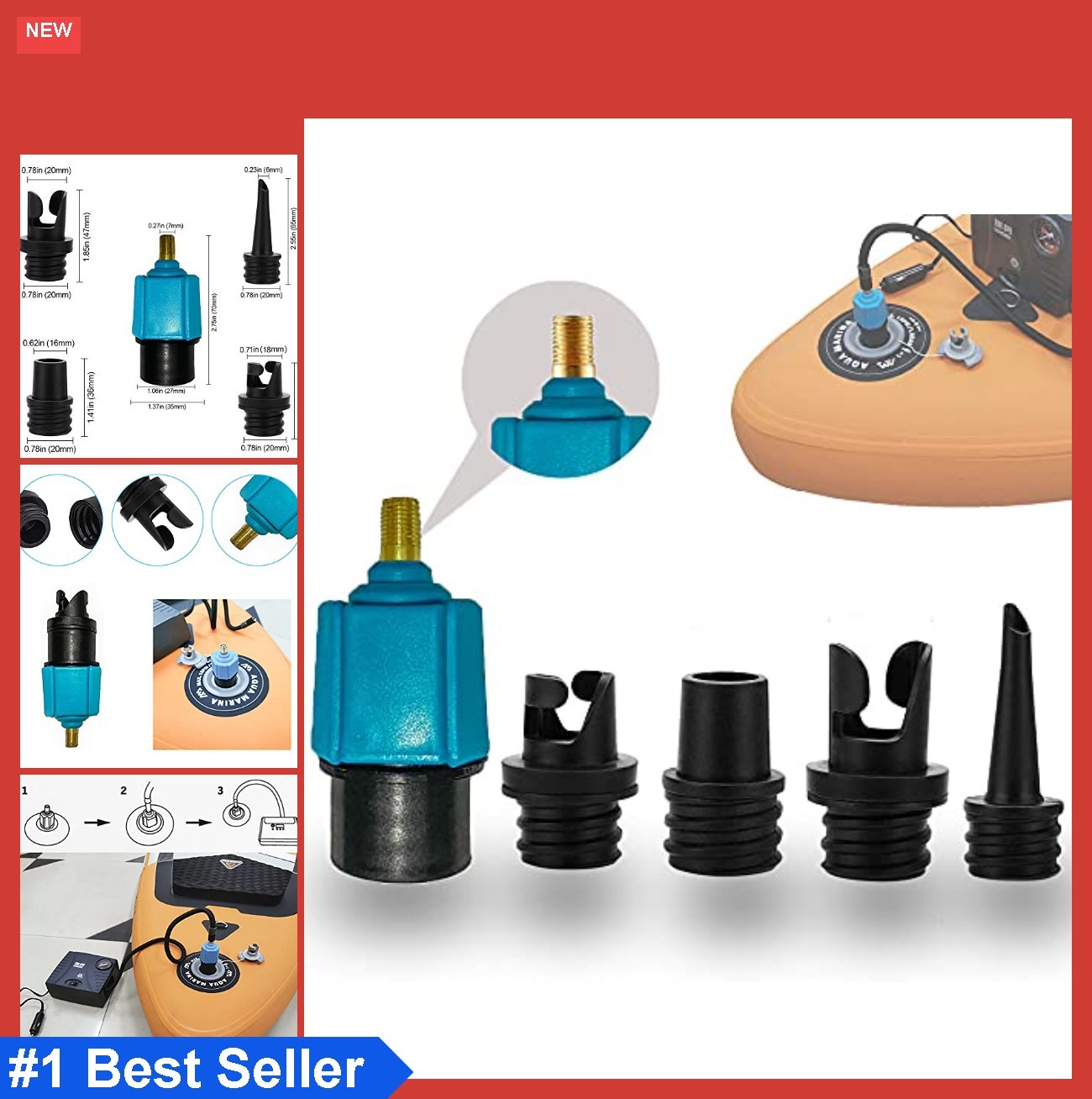 Inflatable SUP Pump Adapter 4 Nozzles 7mm Air Hose Port For Kayak Canoe Boat
