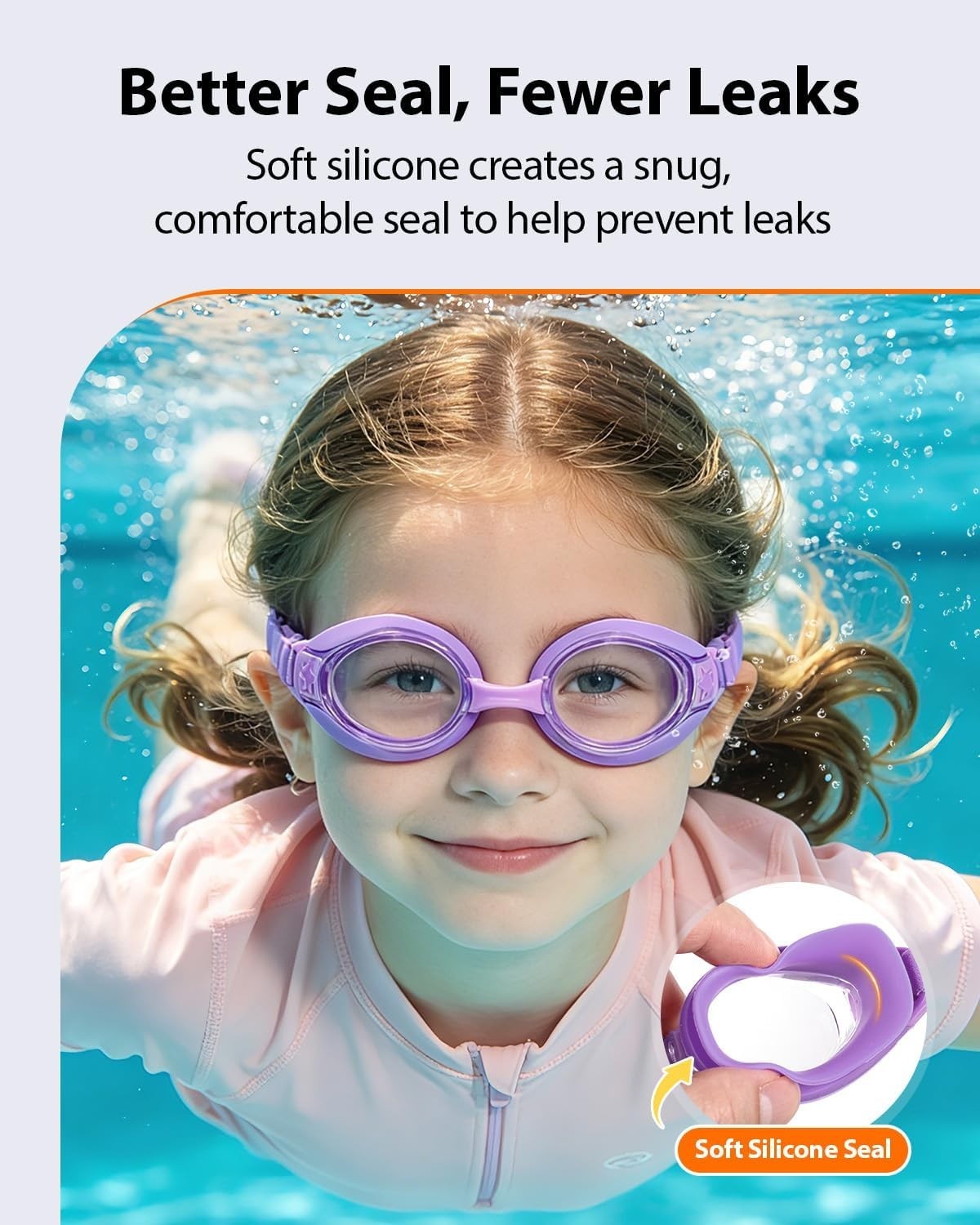 Kids Swim Goggles, Fabric Strap, Anti-Fog, UV Protection, Soft Silicone Seal