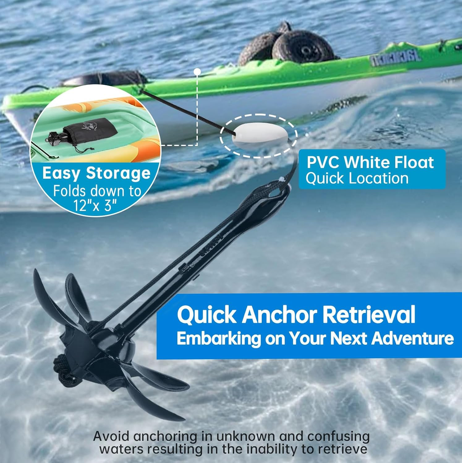 Kayak Anchor, 3.5 Lb Paddle Board Anchor Kit with 40 Ft Marine Rope for Kayak, C
