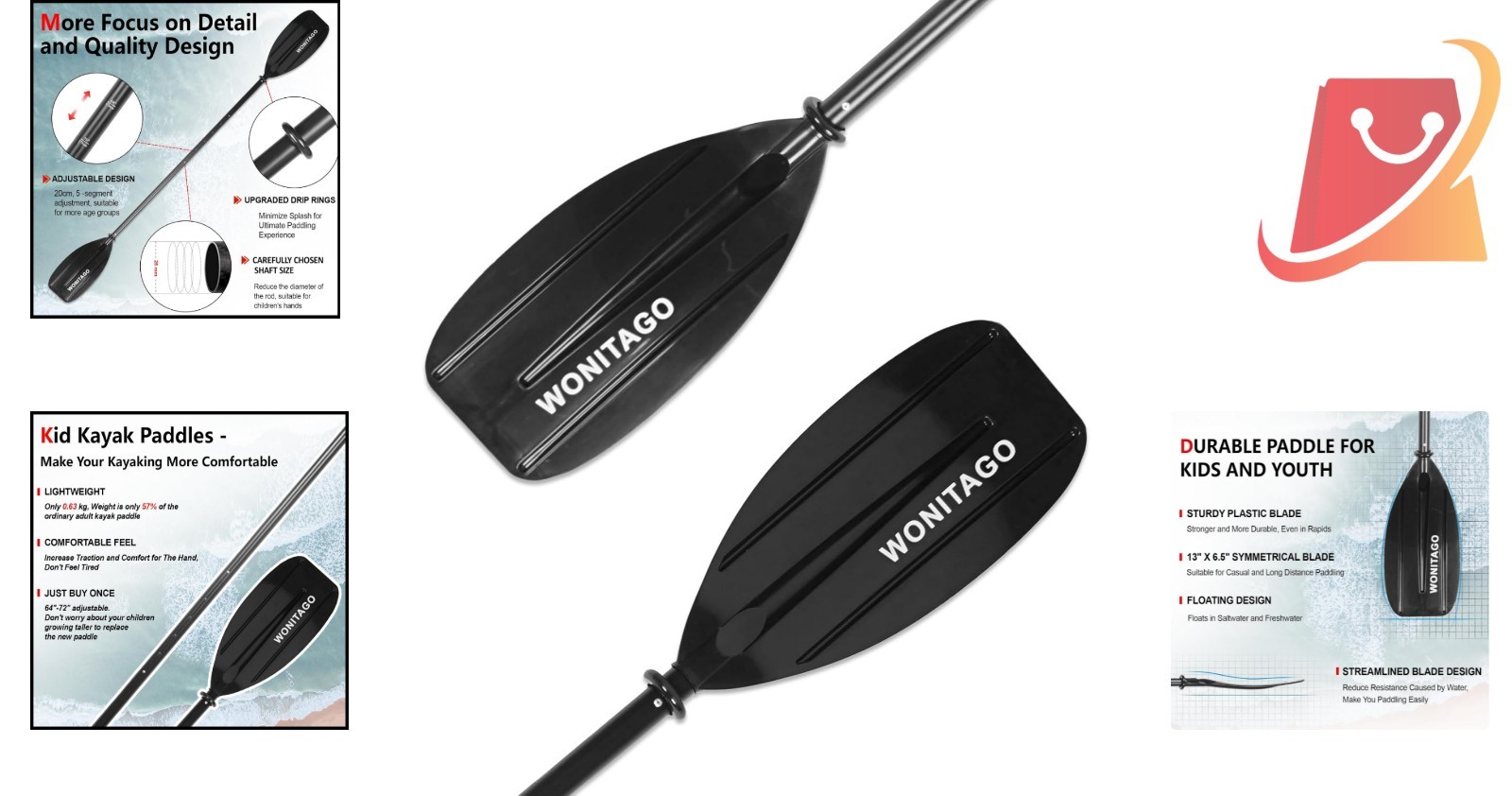 Kids Kayak Paddles Aluminum Shaft PP Blade Adjustable 64-72 in