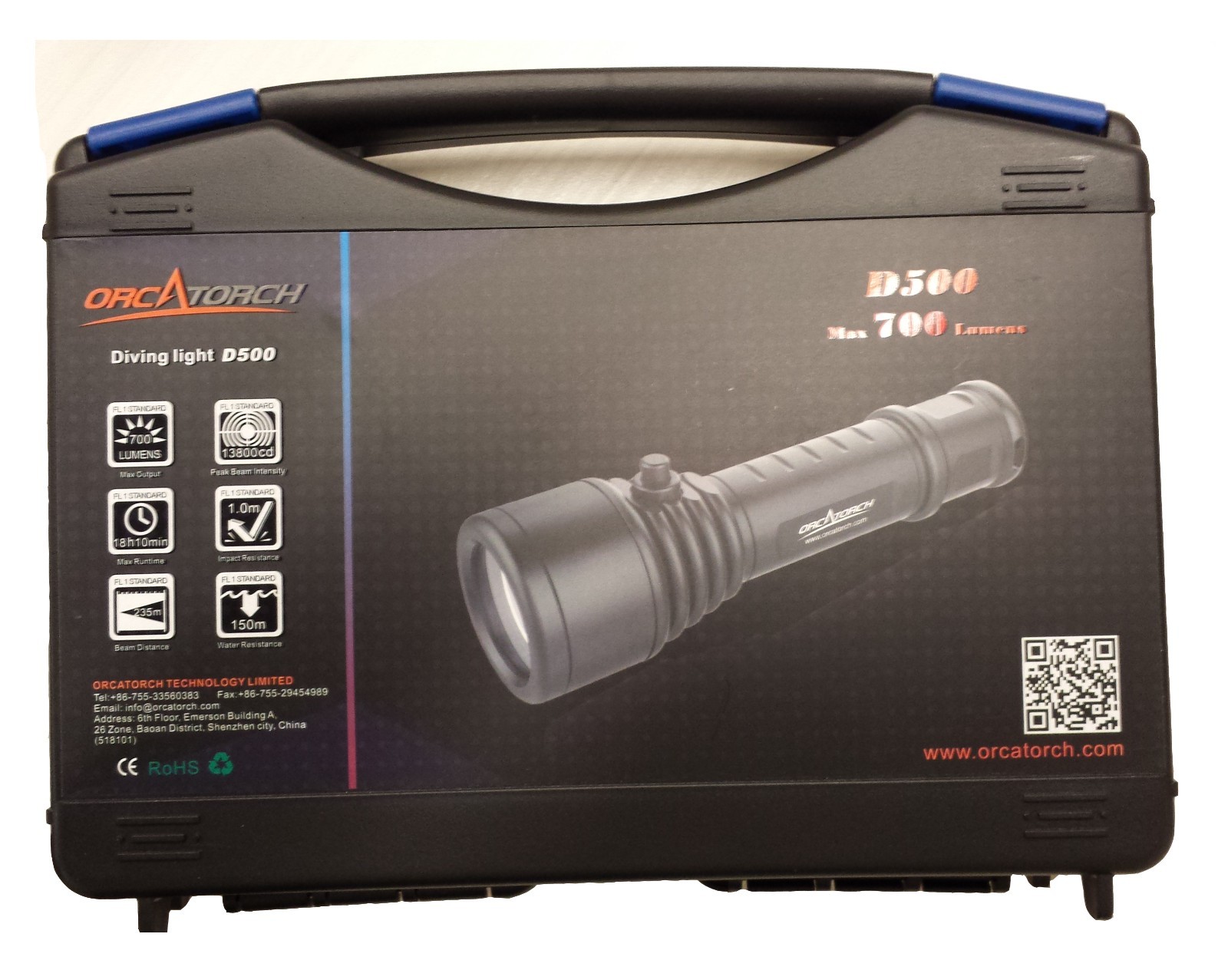Orca Torch D500 Aluminum LED Dive light with Rechargeable Battery & Charger