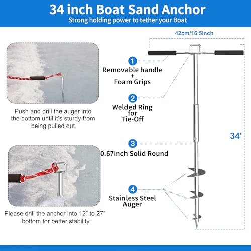 Boat Sand Anchor, 316 Stainless Steel Screw Boat Anchor with Removable 34 Inch