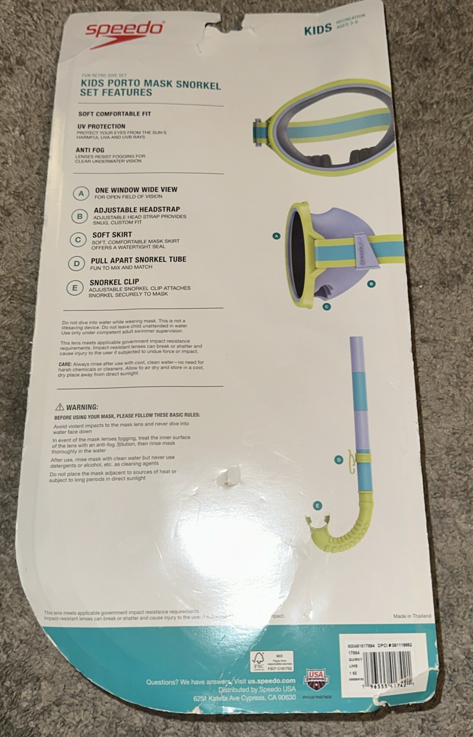 Speedo Kid’s Porto Snorkel Mask Set Ages 3-6 Anti Fog, UV Protection Quirky Lime