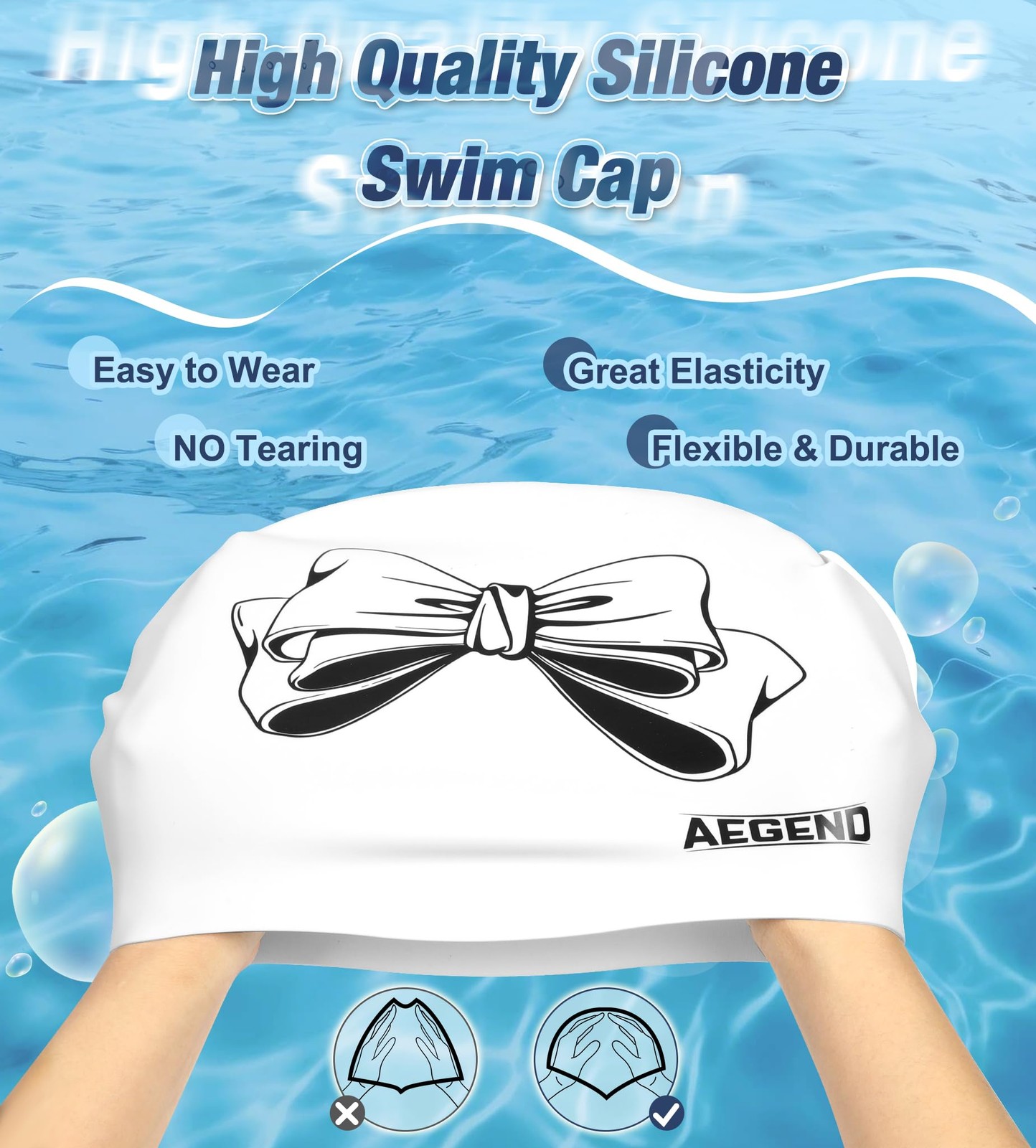 Aegend Swim Caps for Long Hair, Durable Silicone White Black Bow – 1 Pack