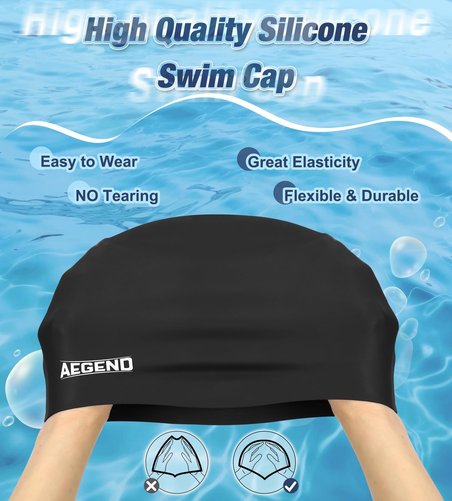 Aegend Swim Caps for Long Hair, Durable Silicone One Size, 1 Pack – Black