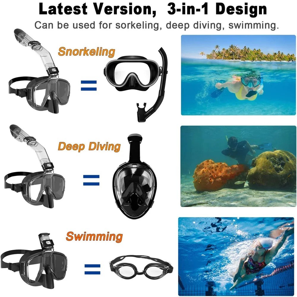 Adult Snorkel Set Mask Anti-Fog Panoramic Tempered Glass Diving Gear