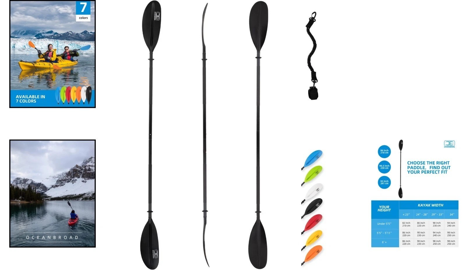 Heavy Duty Kayak Paddle 86 90.5 95 Inch with Leash and Drip Rings