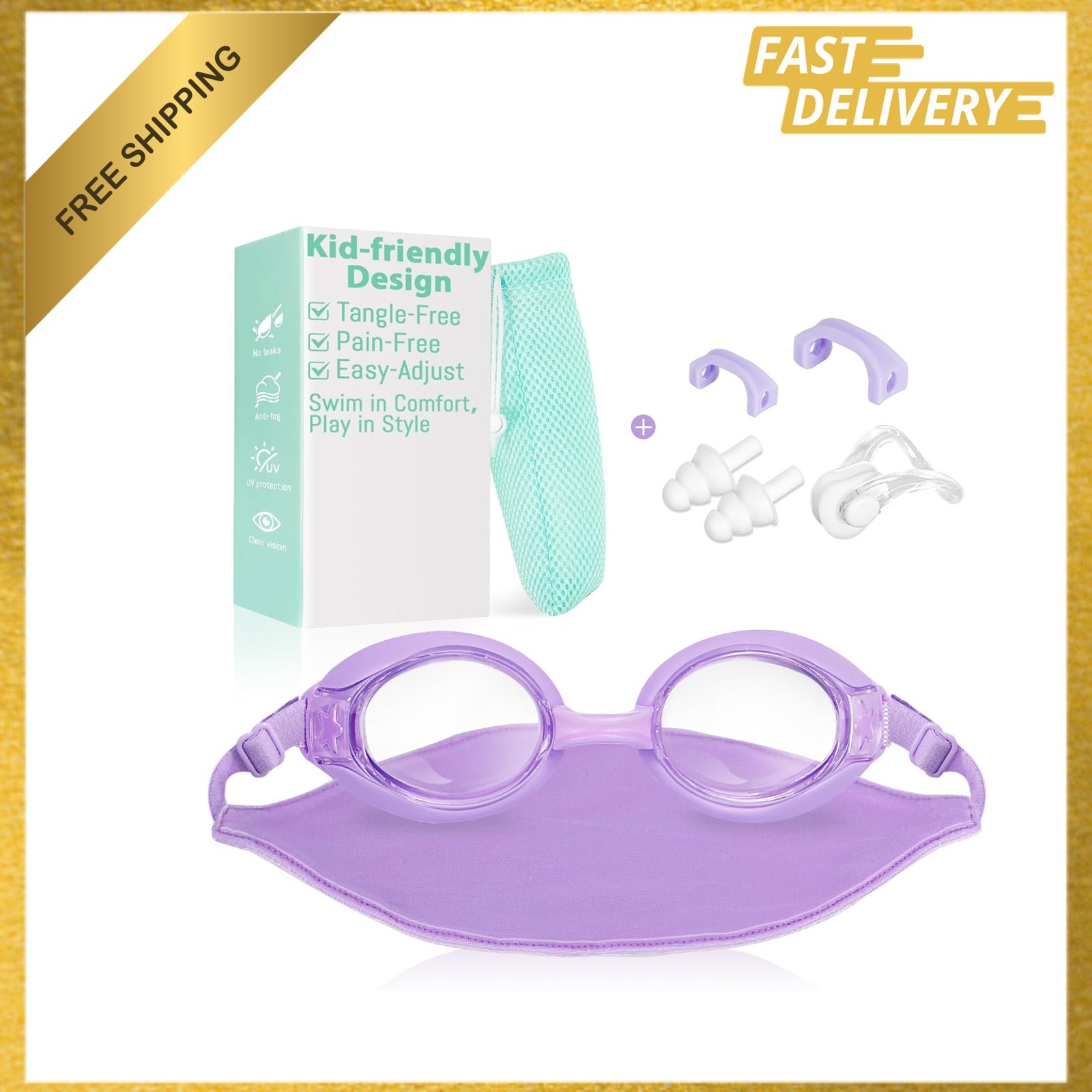 Kids Swim Goggles, Fabric Strap, Anti-Fog, UV Protection, Soft Silicone Seal