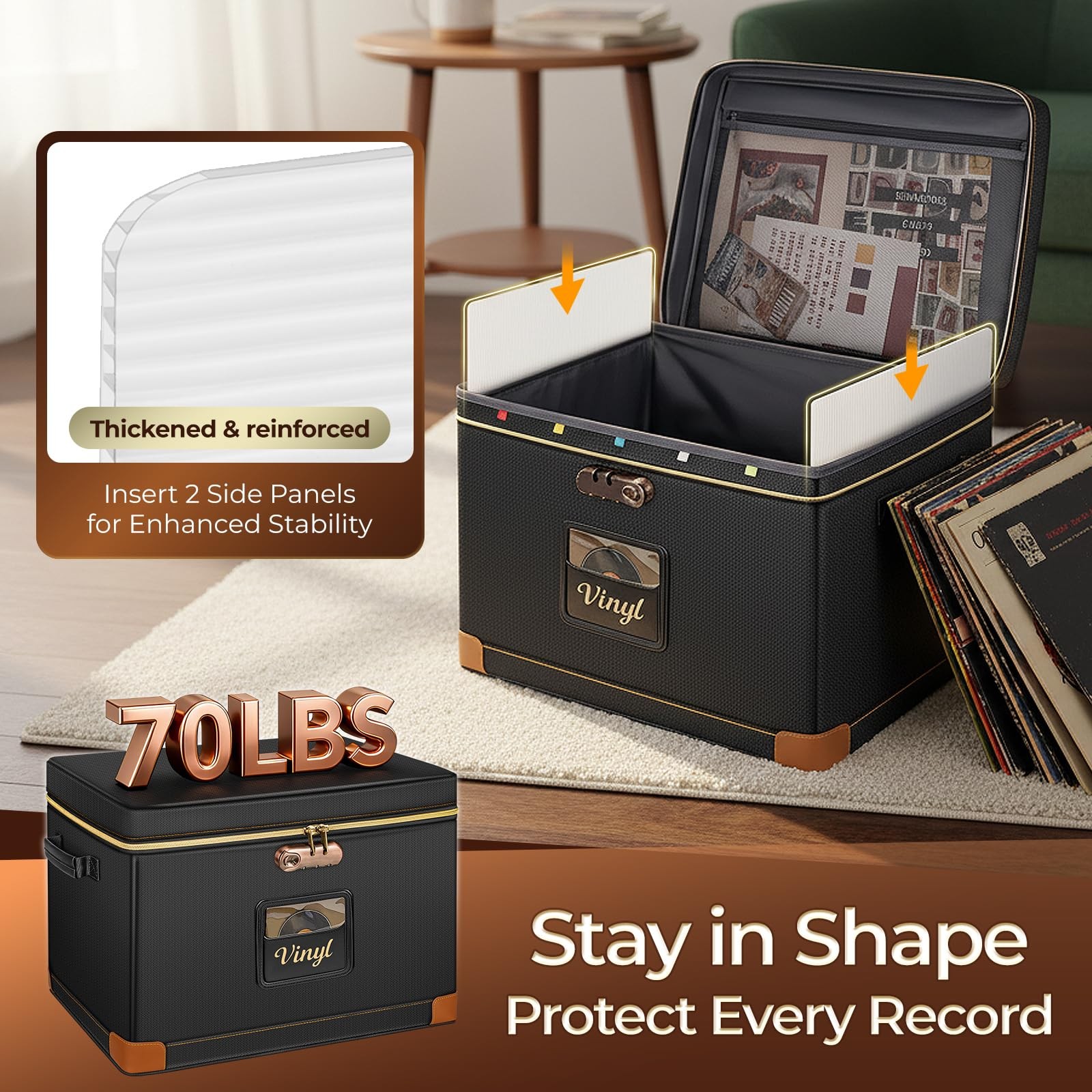 DEEGO Vinyl Record Storage Box with Lock, 17 x 13 x 13 inches, BLACK