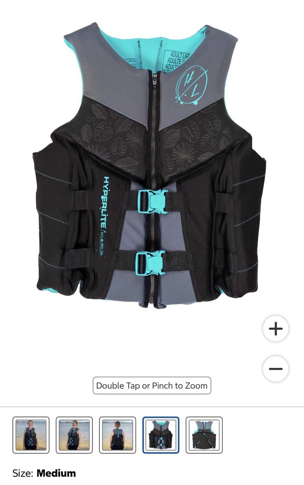Hyperlite HL Women’s Life Jacket Vest M Black/Gray/Teal Zip Front Buckles