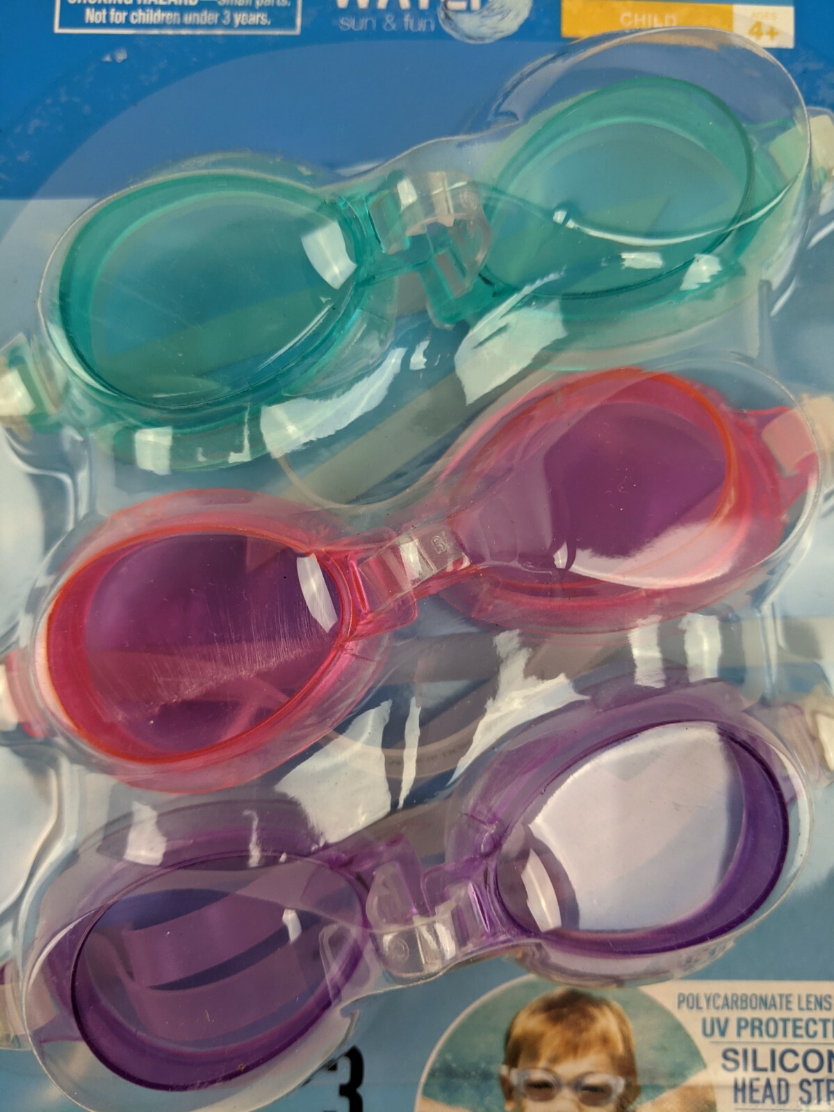 Water Sun & Fun Youth Swim Goggles 3 Count Swimming Pool Beach UV Protect Age 8+