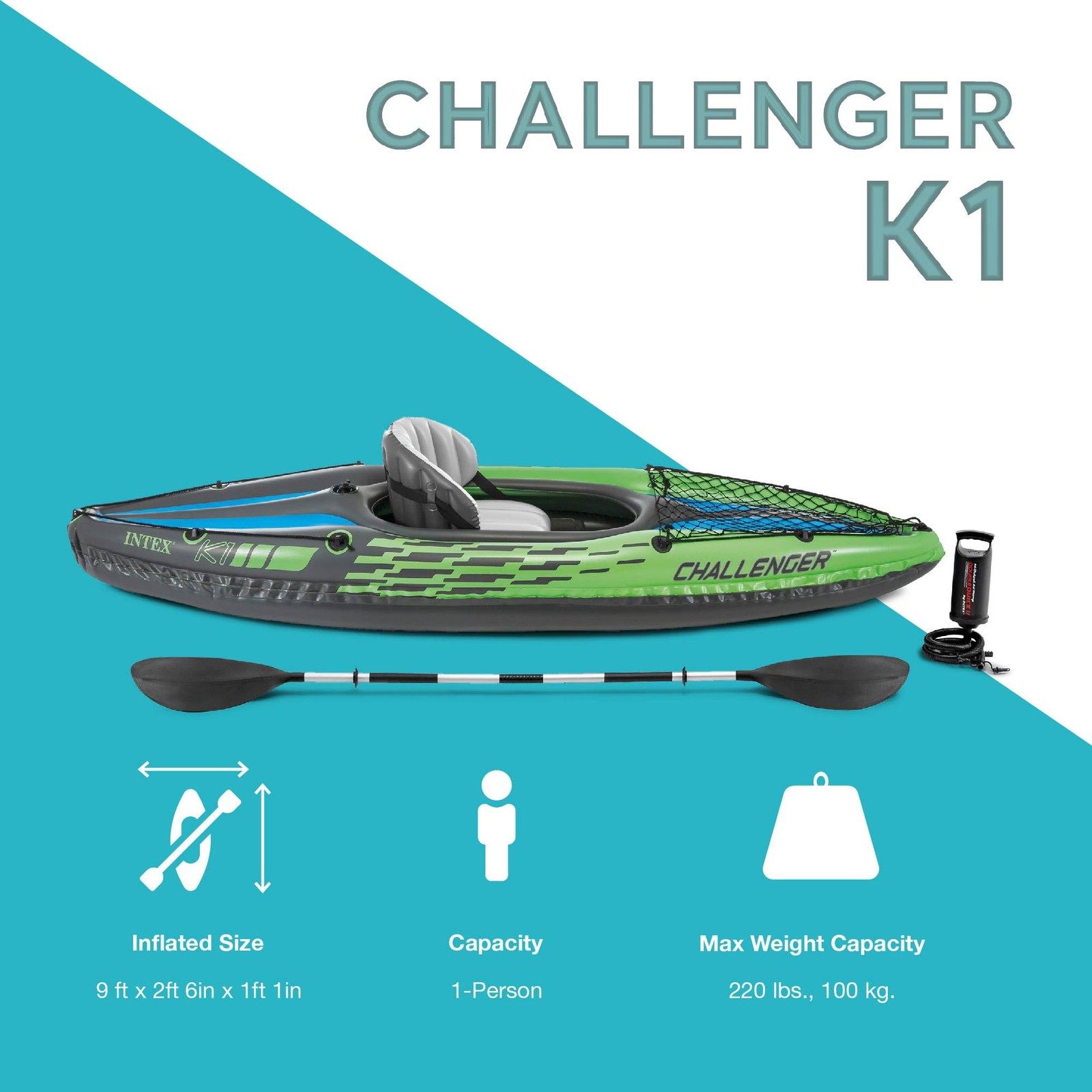 INTEX 68305EP Challenger K1 Inflatable Kayak Set Includes Deluxe 86in Kayak P…