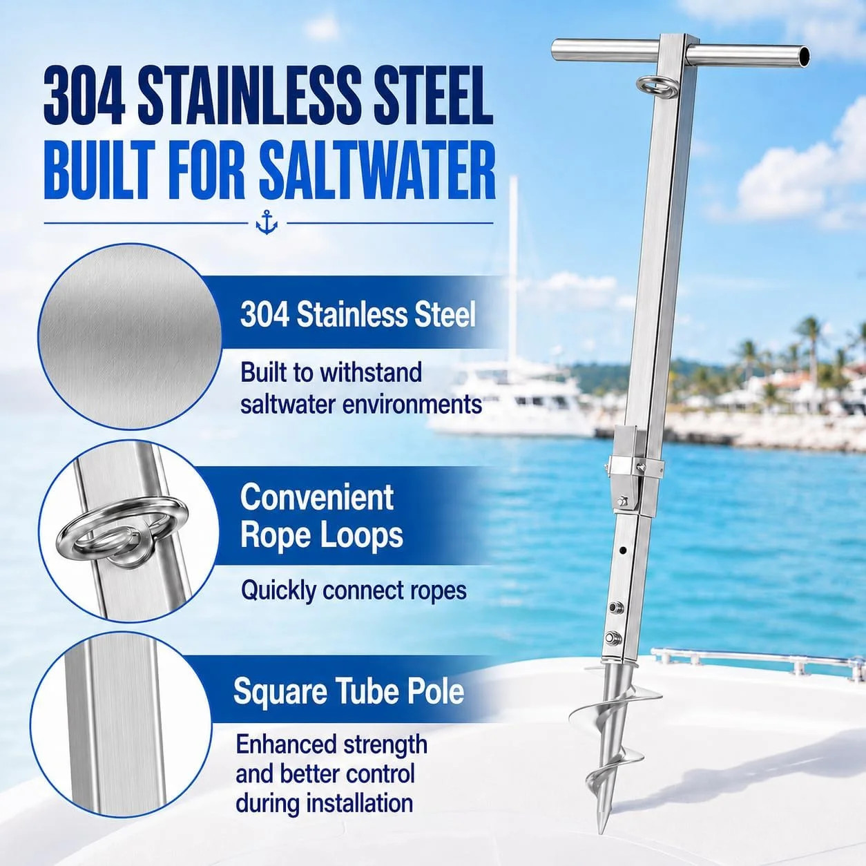 Sand Anchor for Boat, 304 Stainless Steel Heavy Duty Screw in Boat Anchor Pole,