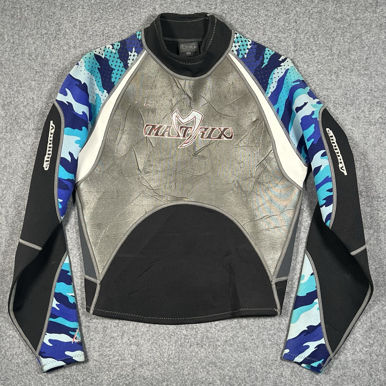 Slippery Matrix Wetsuit Long Sleeve Top L Blue Camo Pullover Neoprene Swim Surf