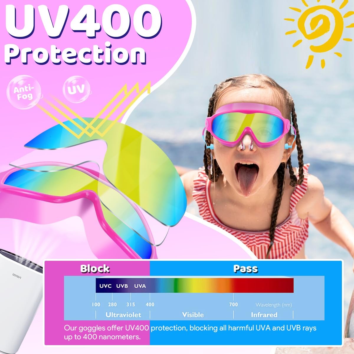 2 Pack Kids Swimming Goggles Wide View Anti Fog UV Protection Adjustable Strap
