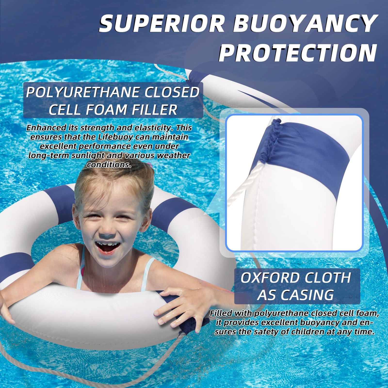 Calvana 20″ Foam Life Preserver Ring with 98.4ft Floating 1pack, blue