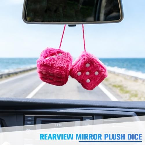 Zpana Fuzzy Dice for Car Mirror – 2.36 Inch Plush Cute Vehicle Square Rose Red