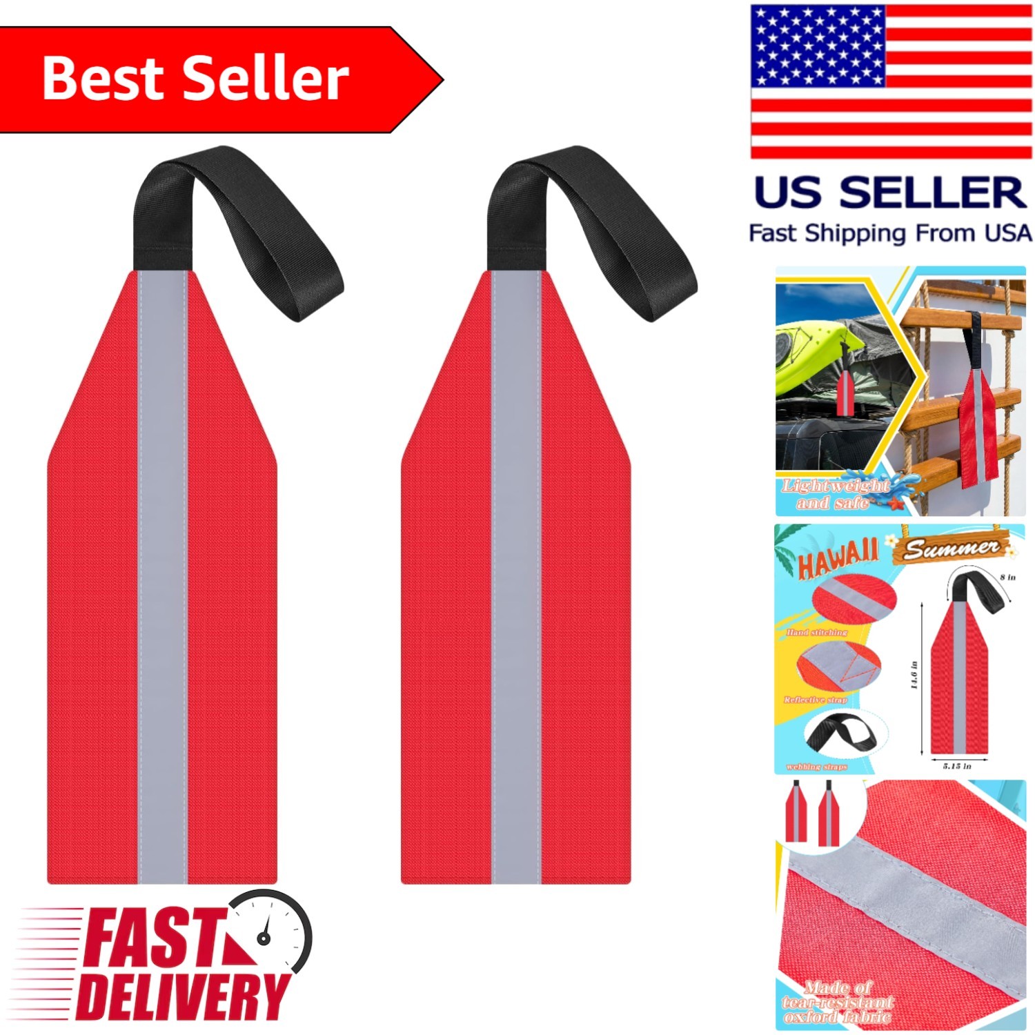 2-Piece Waterproof Kayak Safety Flag Set with Reflective Strip for Visibility