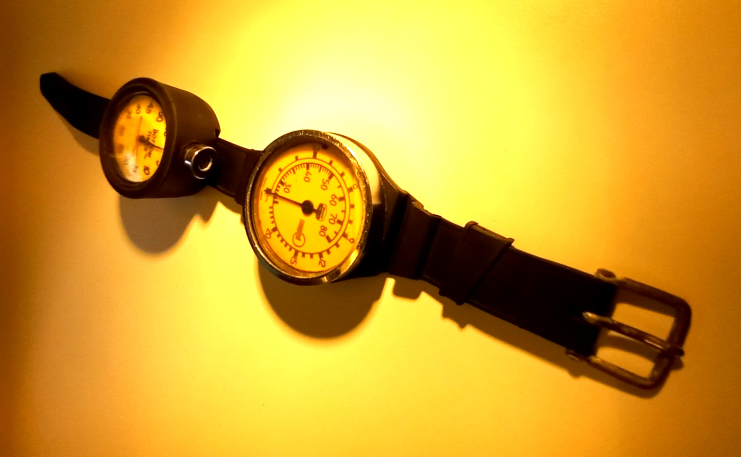 VTG 70s Swiss UWATEC Wrist Depth Gauge & BOTTOM TIMER Princeton Tectonics USA