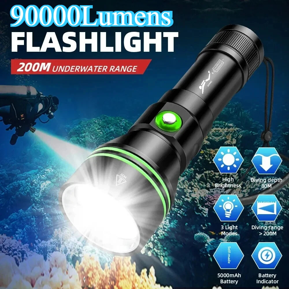 Scuba Diving Flashlight LED 90000LM Dive Torch 100M Underwater IPX8 Dive Lantern
