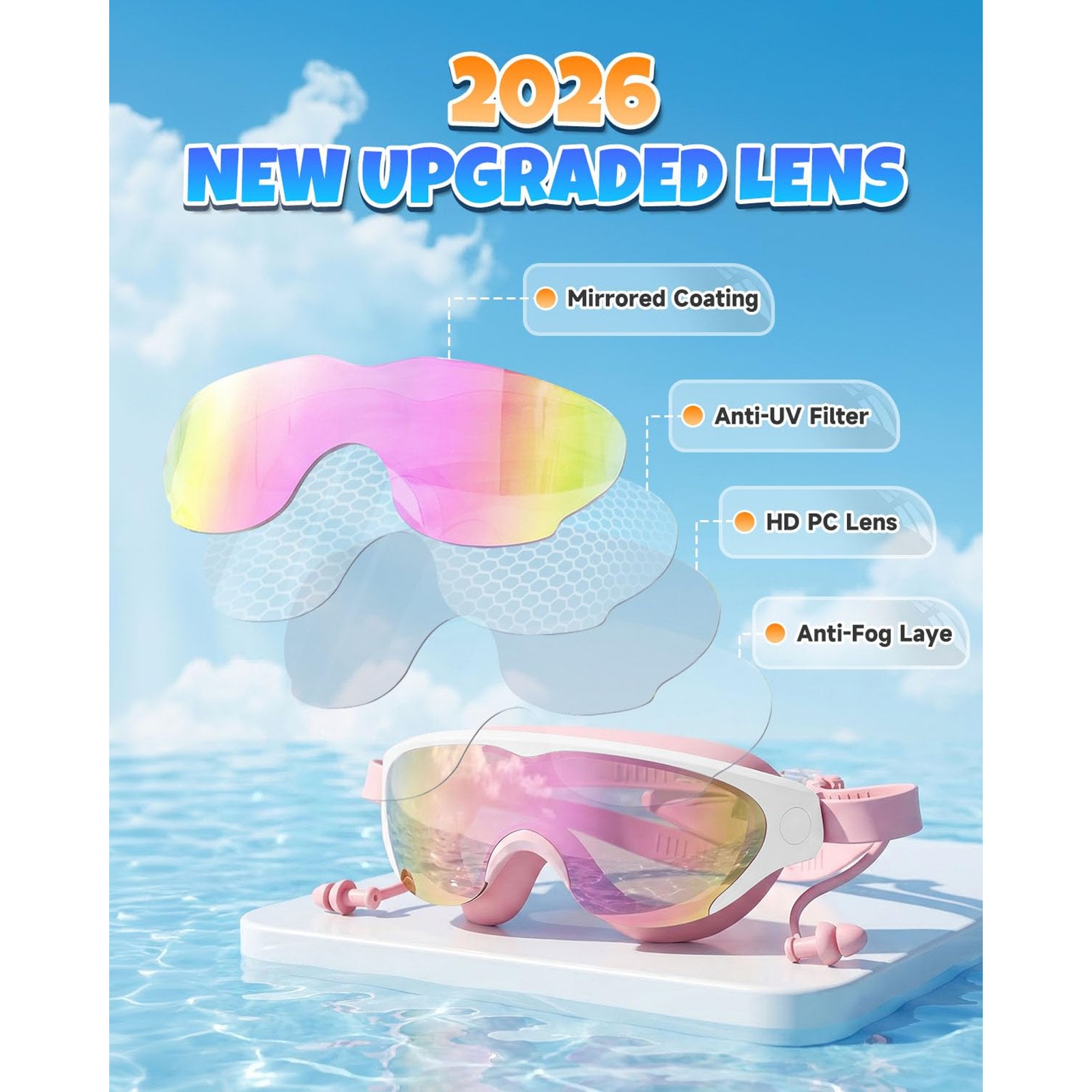 2PC Kids Swim Goggles Leakproof Anti fog UV Protection Polycarbonate Lens for