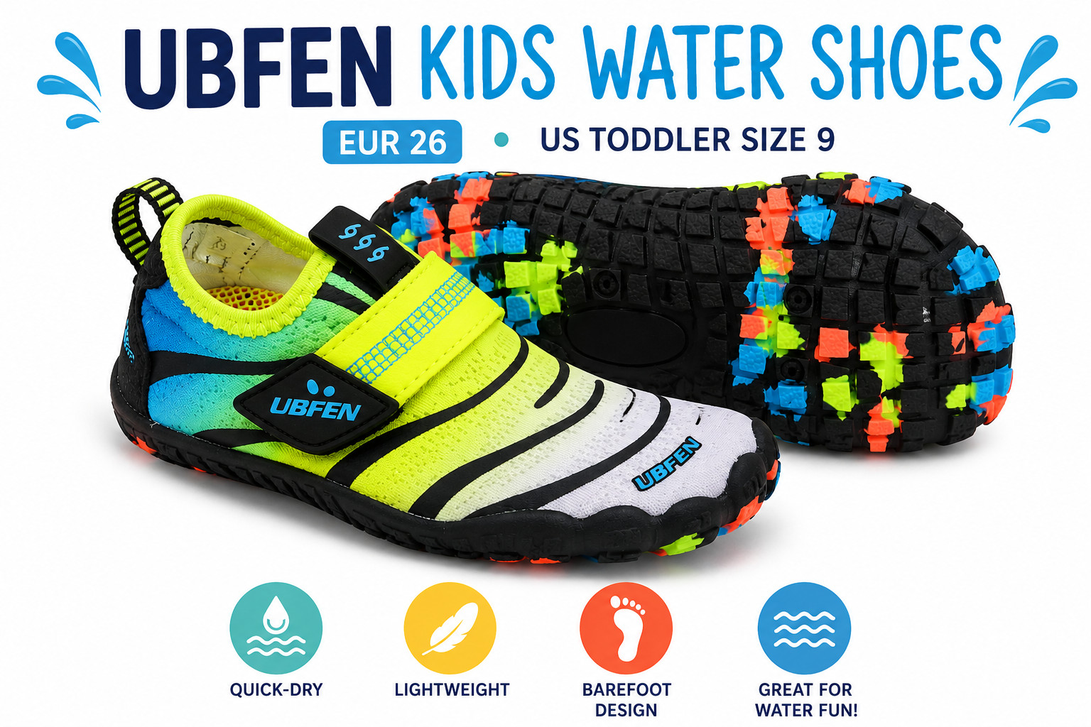 UBFEN Kids Quick Dry Water Shoes US Toddler Size 9 EUC Barefoot Style
