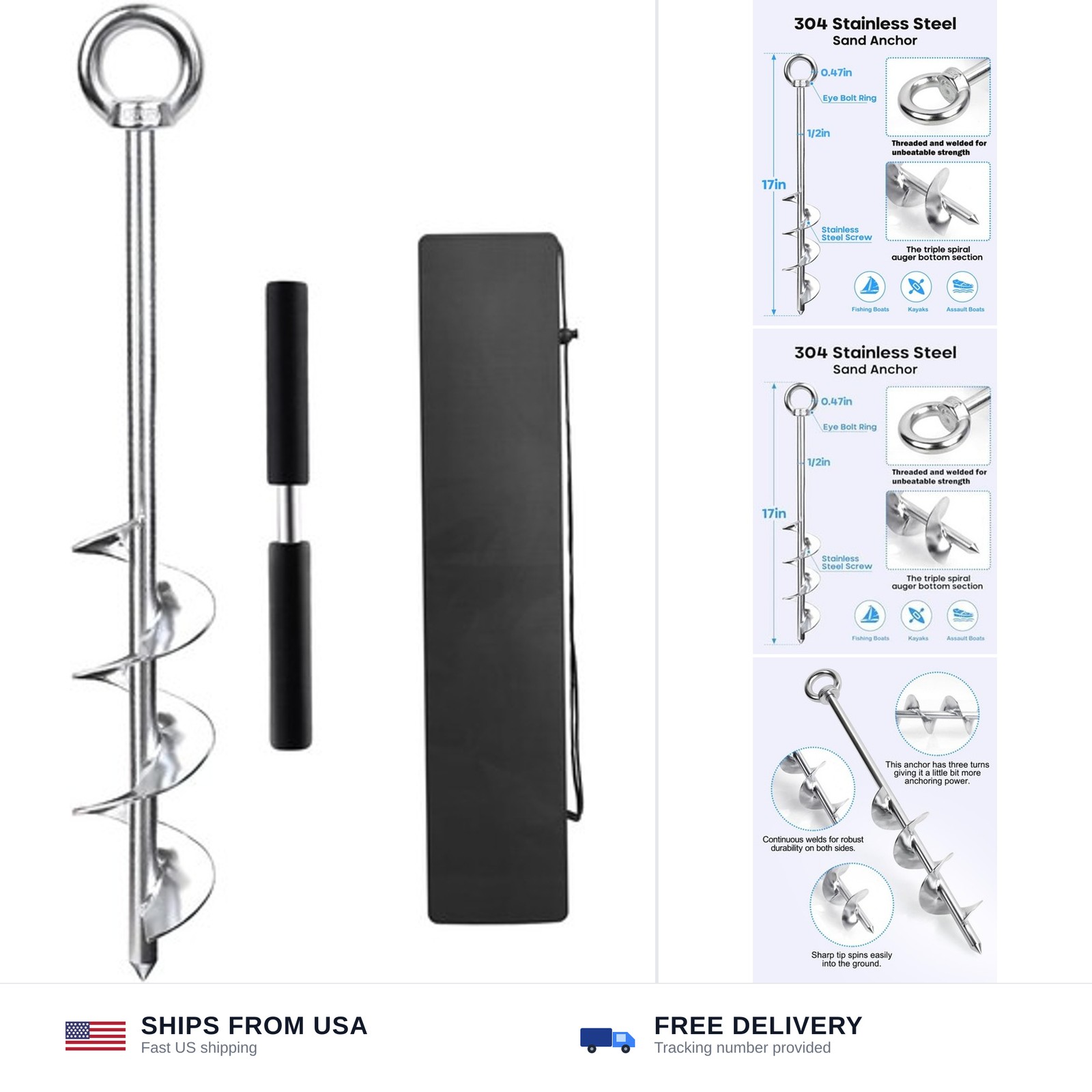 17″ Sand Anchor Kit, 304 Stainless Steel Triple Spiral Auger Boat Anchor for …
