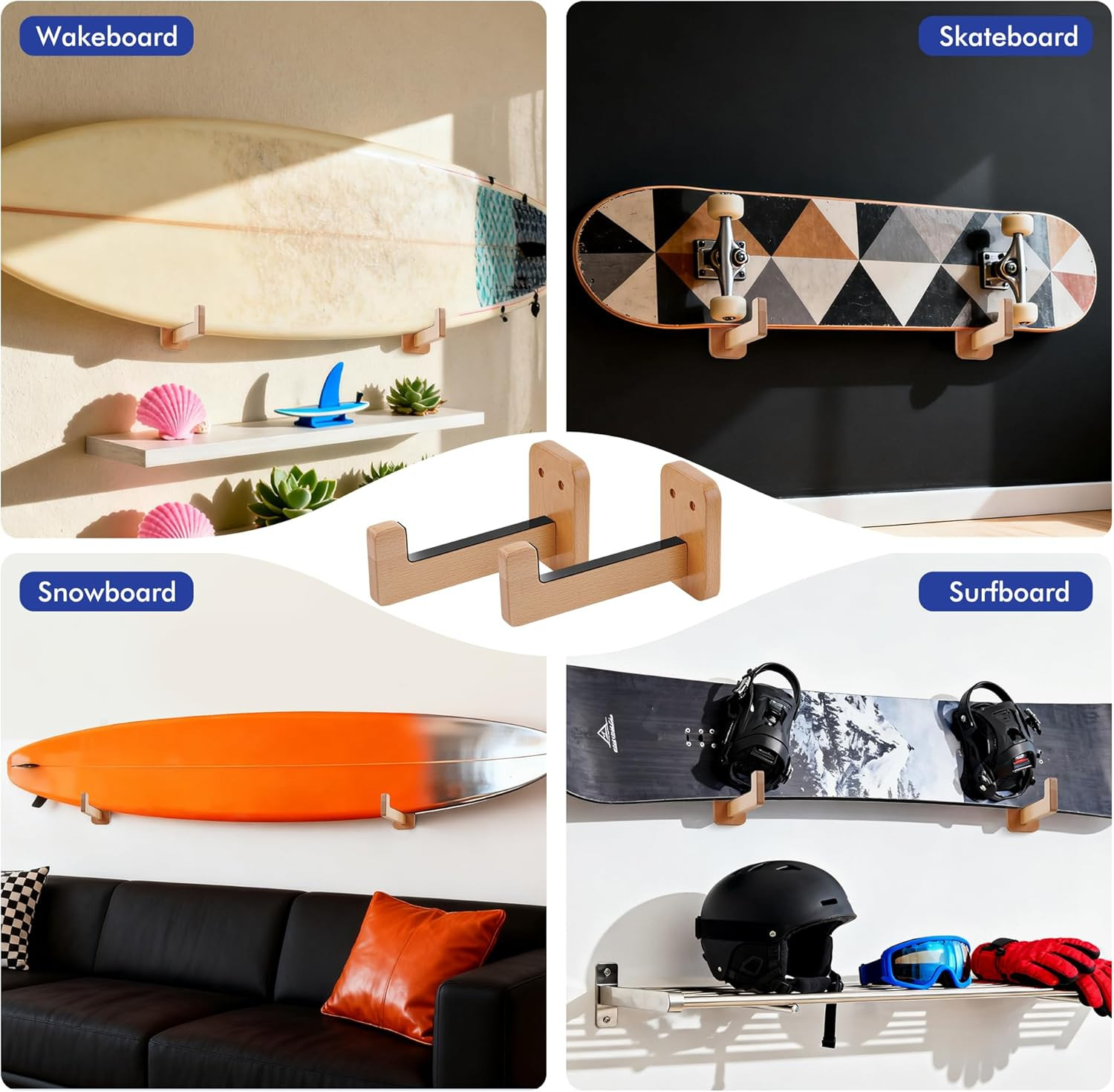 Surfboard Wall Mount – Durable Beech Wood Surfboard Rack for Wall with Non-Slip