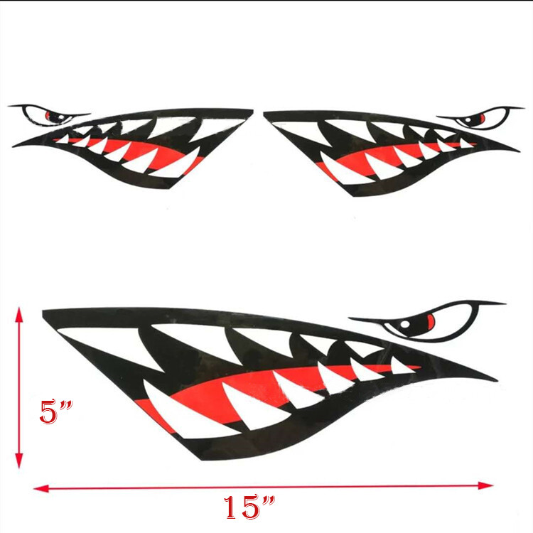 Pair Shark Mouth Warhawk Aircrarft Decal Stickers Skateboard Kayak Fishing Boat
