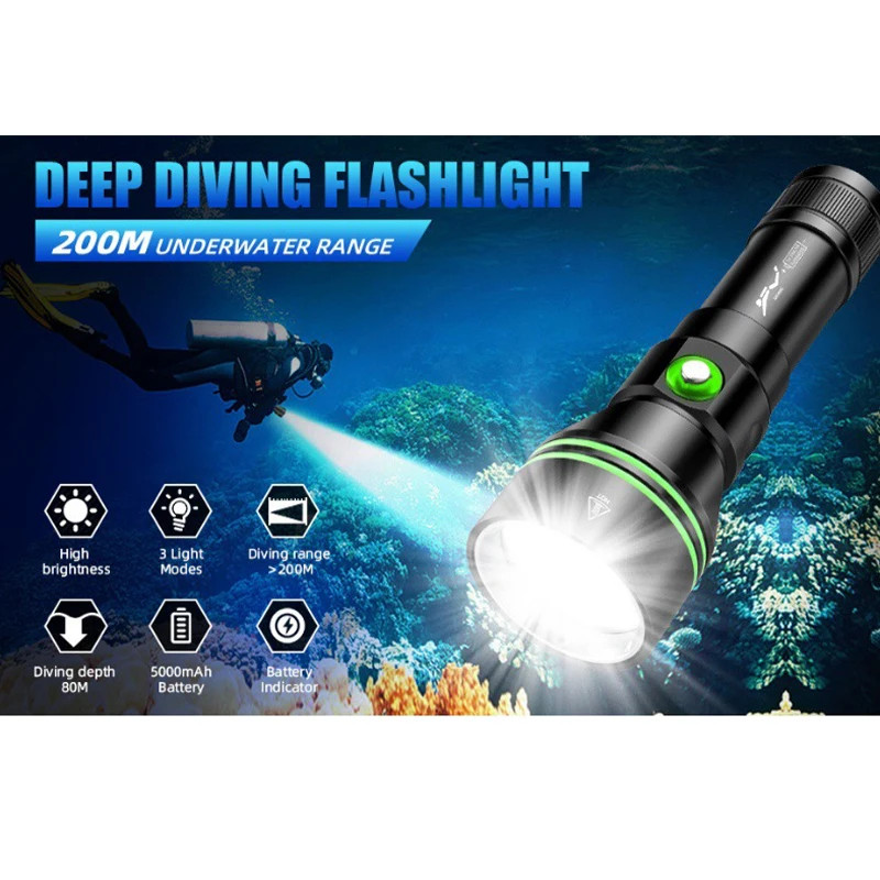 300000LM Professional Diving P70 Flashlight Underwater 200M Spearfishing Torch