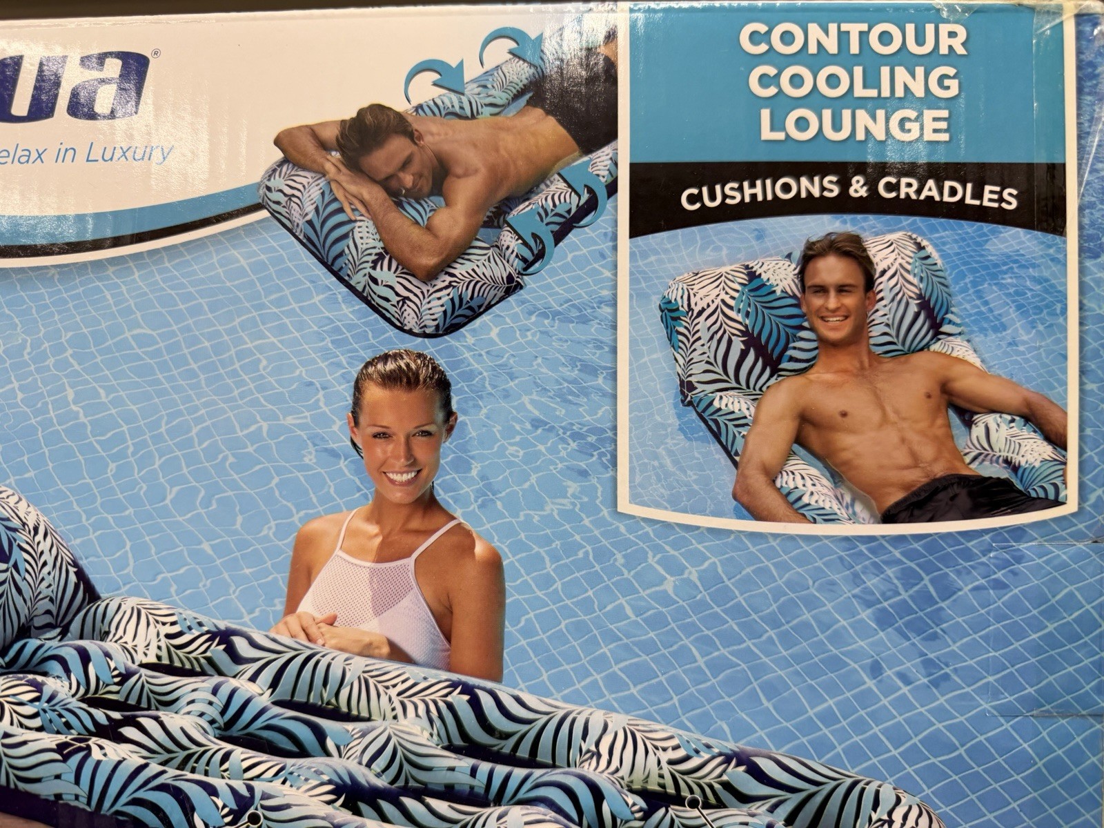 Aqua Contour Cooling Lounge Inflatable Pool Float Blue Leaf Pattern 183cm