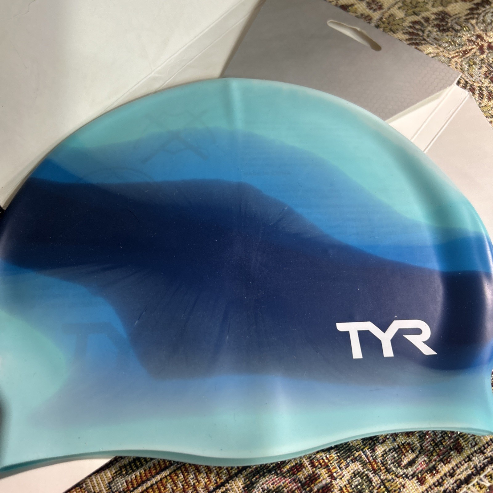 New TYR Tie Dye Graphic 100% Silicone Blue & Green Swim Swimming Cap Youth Fit