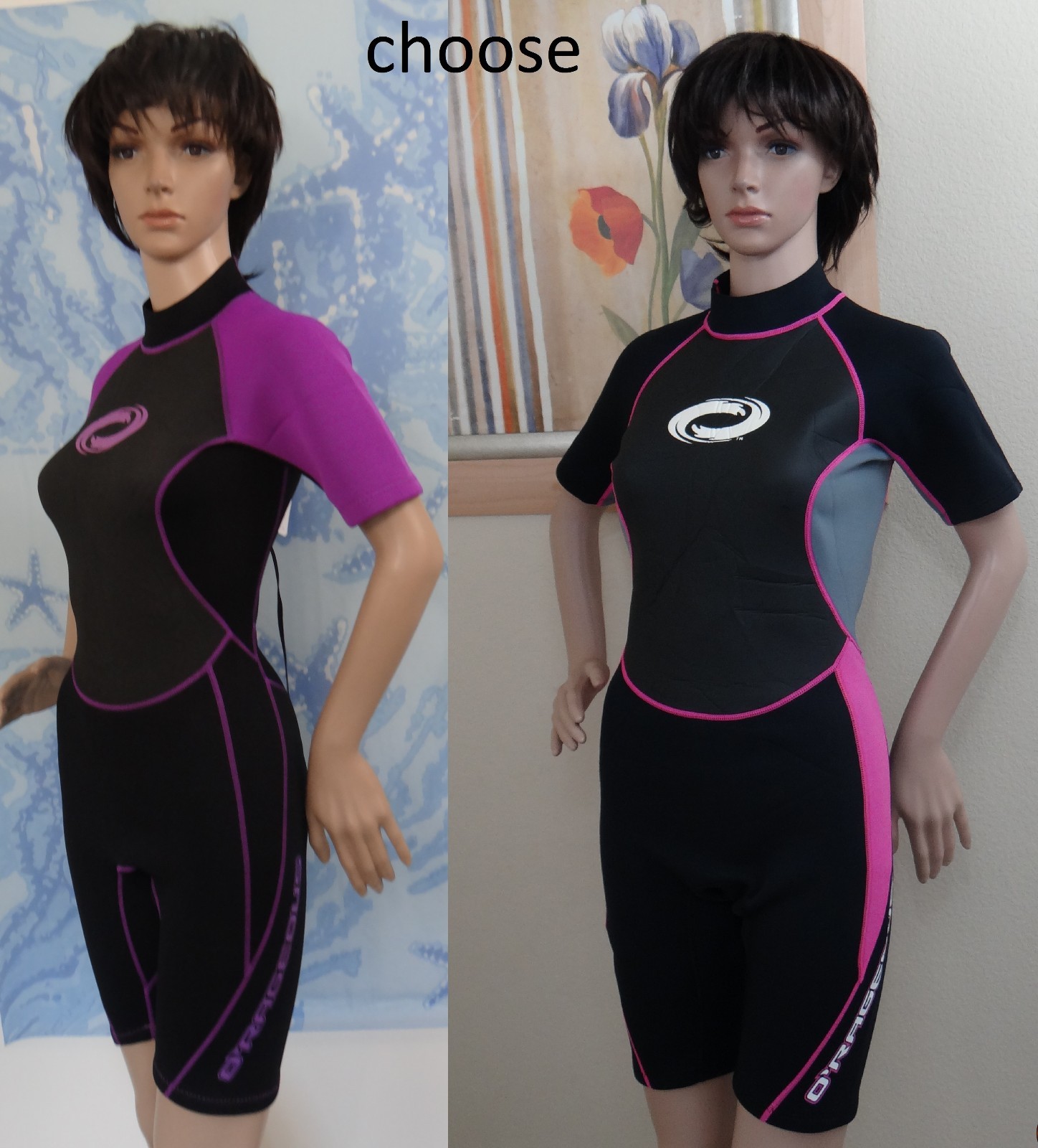 O’RAGEOUS black/gray/pink or purple short sleeve Women’s Short Zip wetsuit,S,M