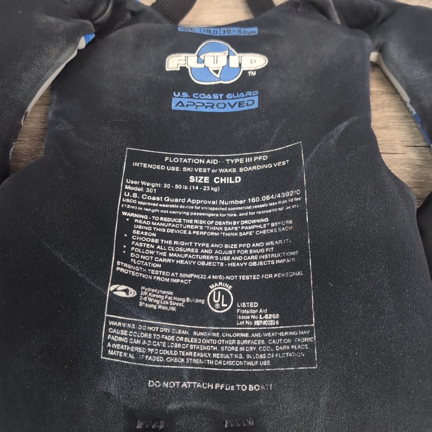Life Jacket Ski Vest 30-50 Lbs Fluid Type III Blue Gray Black Water Safety