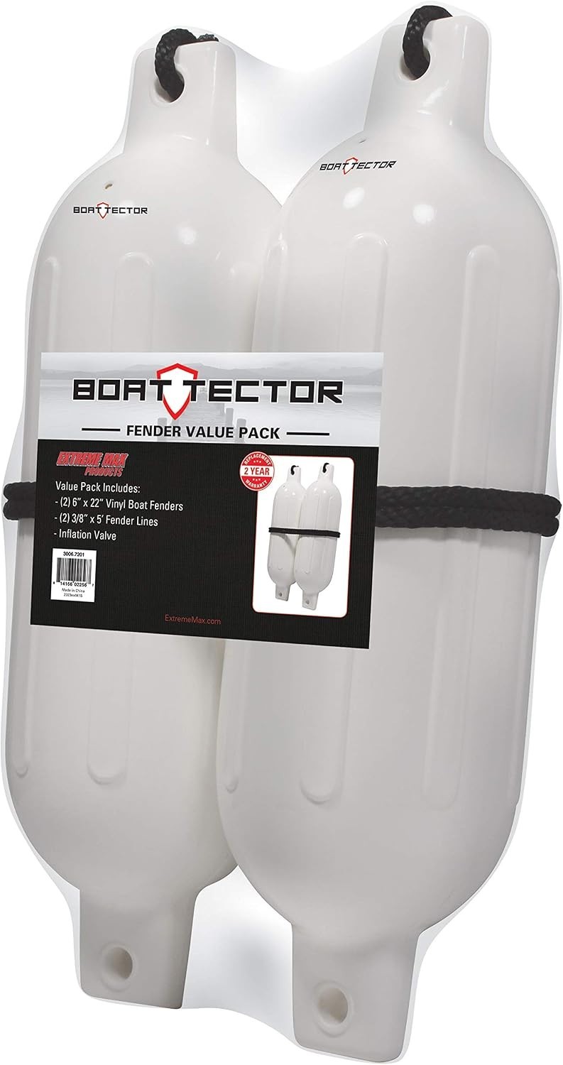 2-Pack BoatTector Inflatable Fenders 6.5″ x 22″ – UV Resistant White