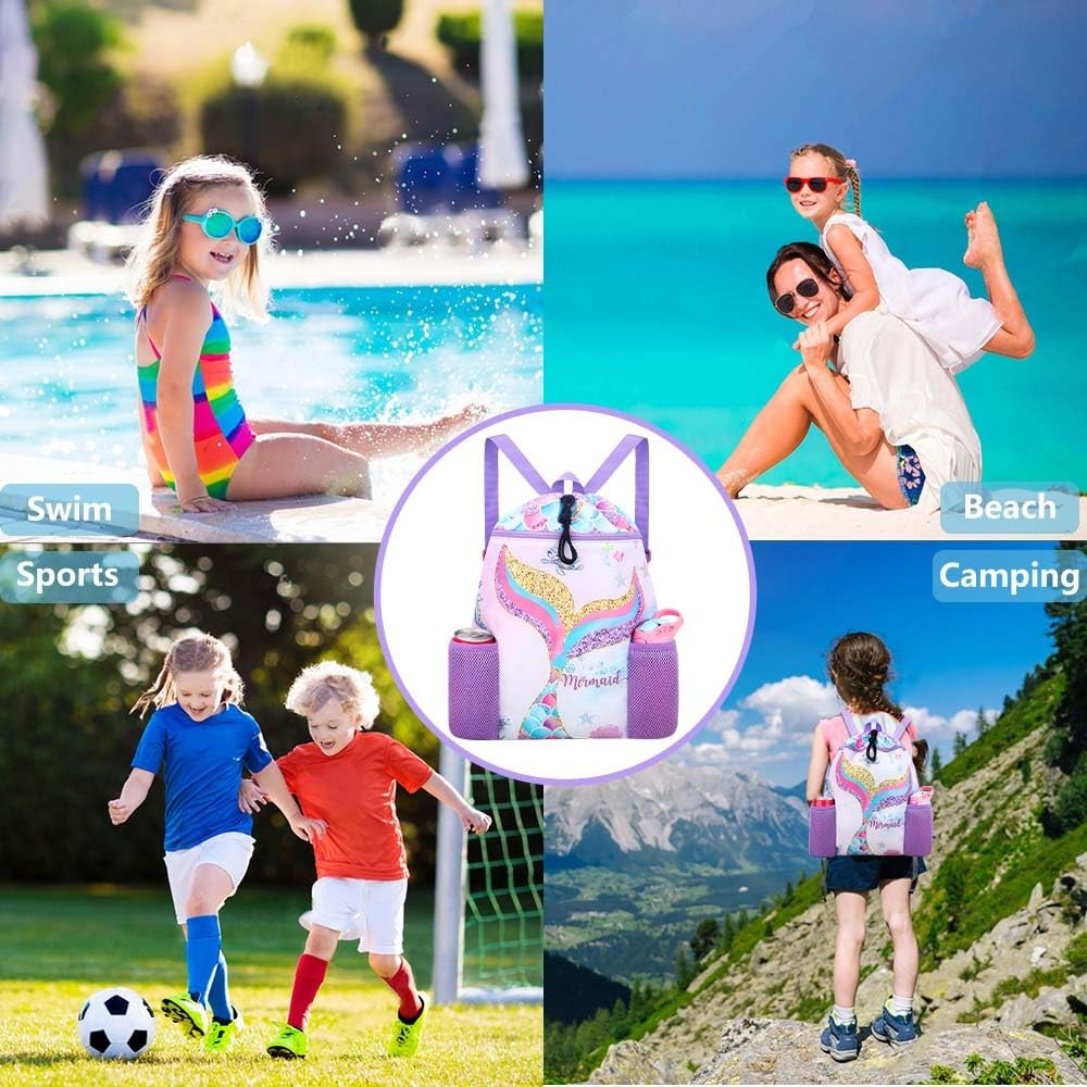 RHCPFOVR Mermaid Swim Bags for Kids – Drawstring Backpack One Size,