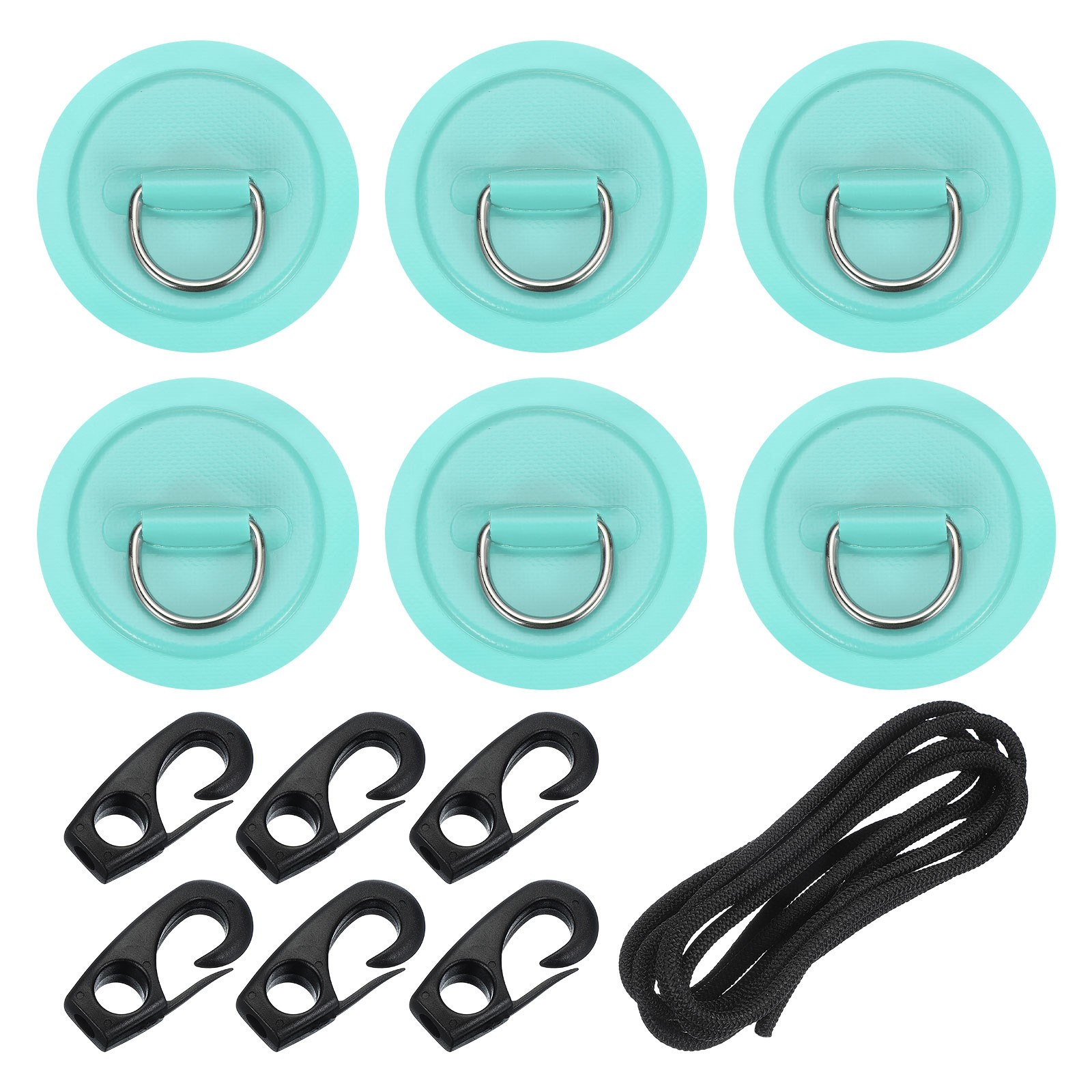 6Pcs Stainless Steel D-Ring Patch Round Patch with Elastic Cords & Hooks Cyan