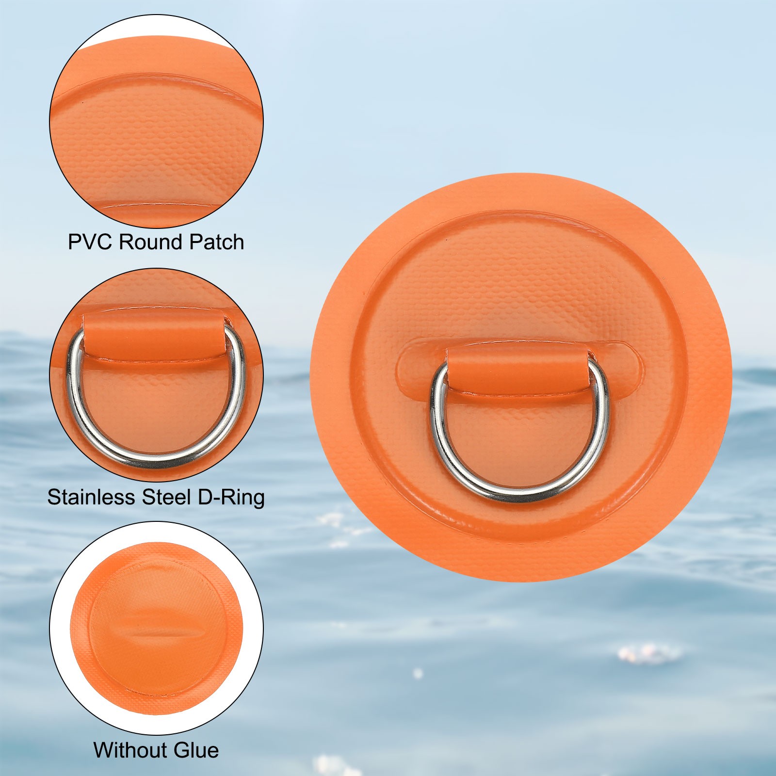 6Pcs Stainless Steel D-Ring Patch Round Patch with Elastic Cords & Hooks Orange