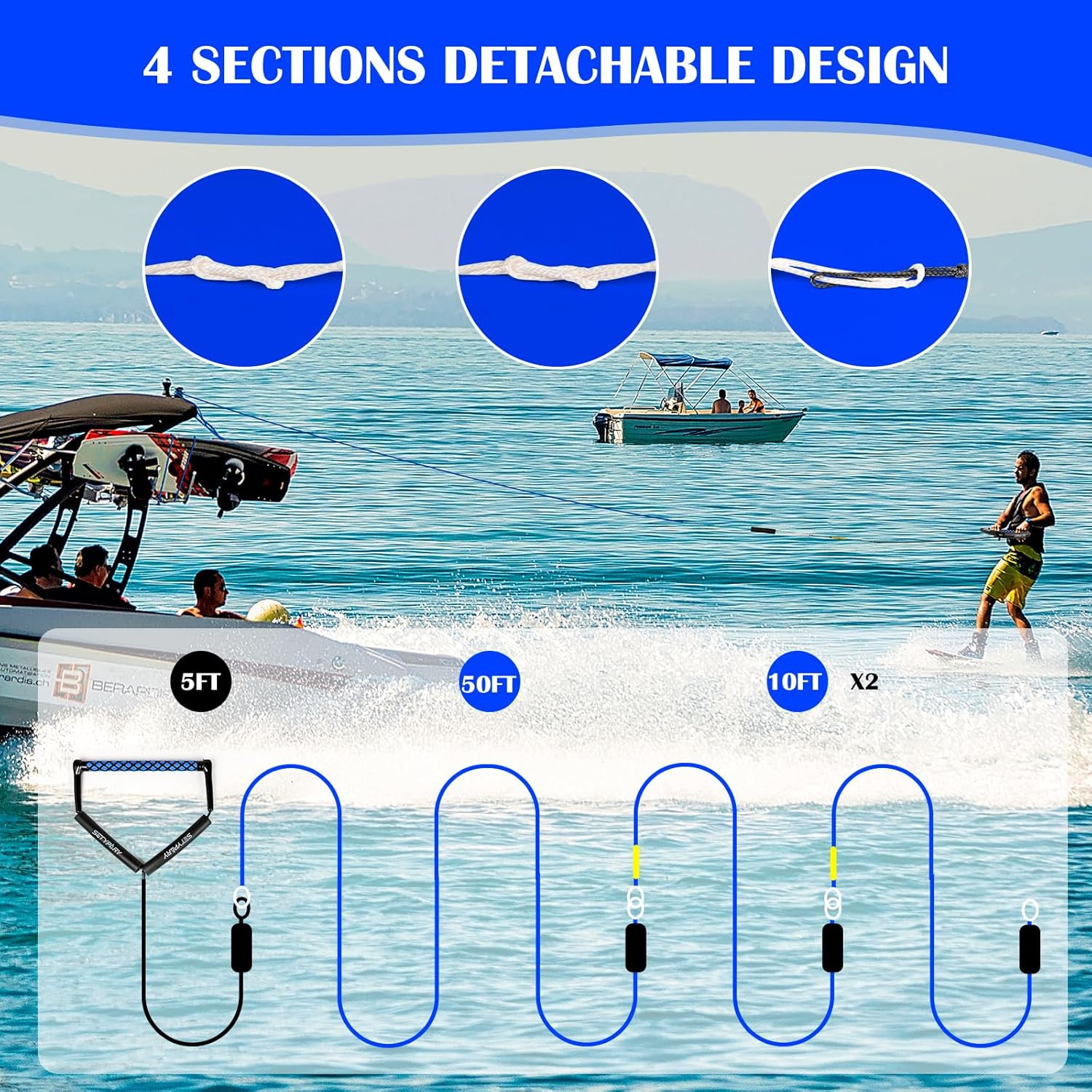 75FT Dyneema Wakeboard Rope Handle 4 Section Floating Tow Rope