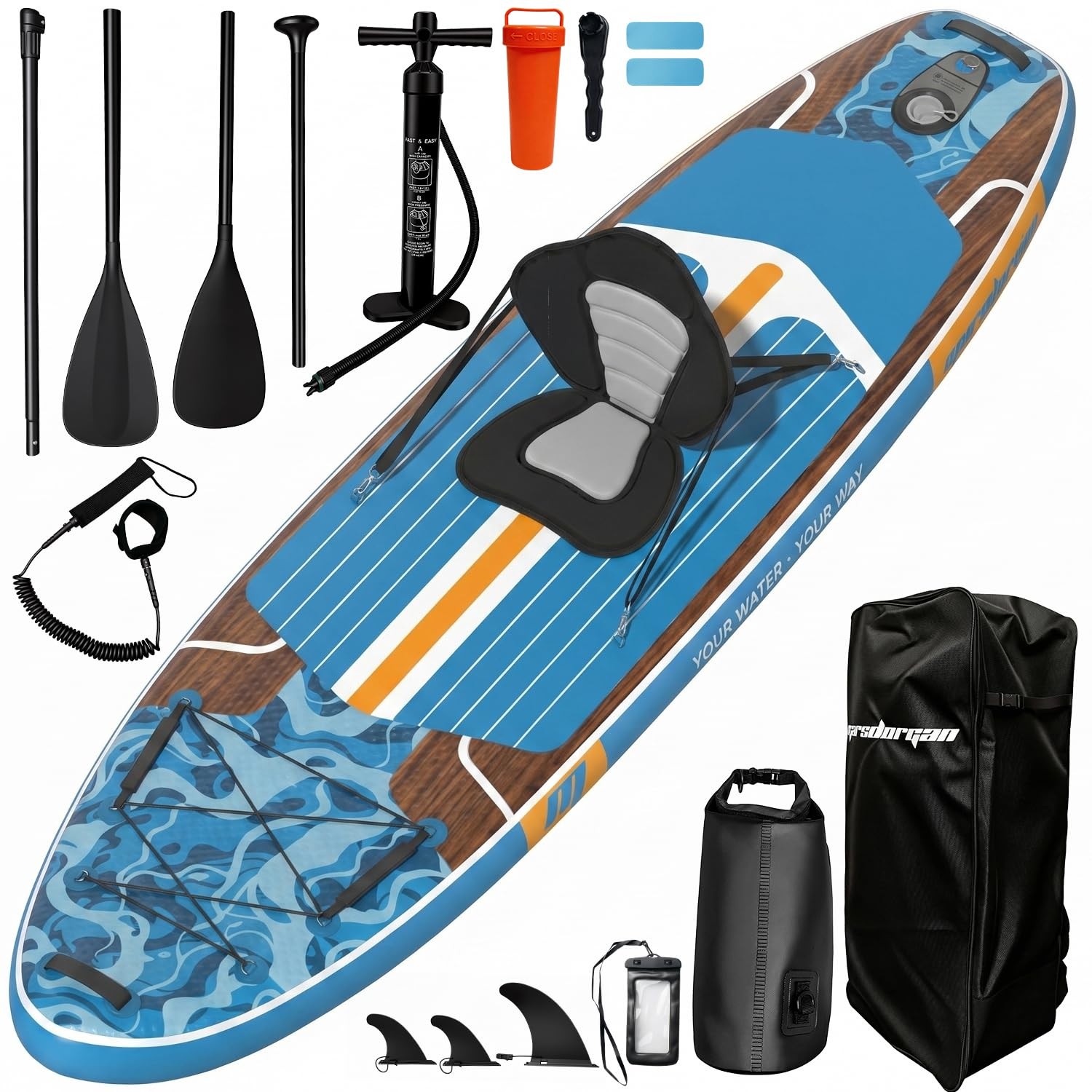 Marsdorgan 11ft Inflatable Stand Up Paddle Board with Kayak Seat, Wood Grain …