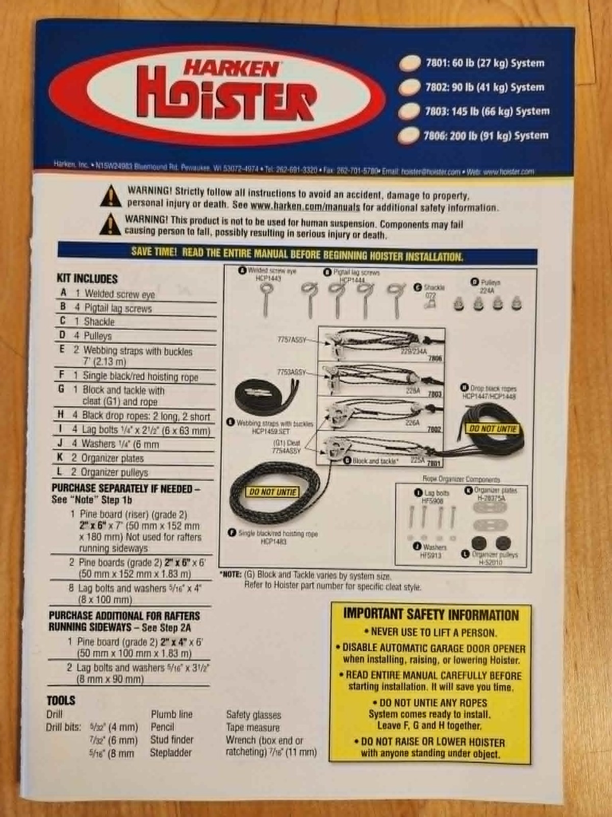 Harken Hoister 7802B.16 4 Point Garage Storage Hoist 90 lb Kayak Canoe