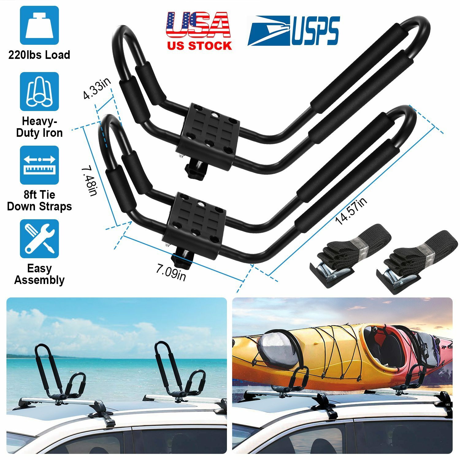 J-Bar Rack HD Kayak Carrier Canoe Boat Surf Ski Roof Top Mount Car SUV Crossbar