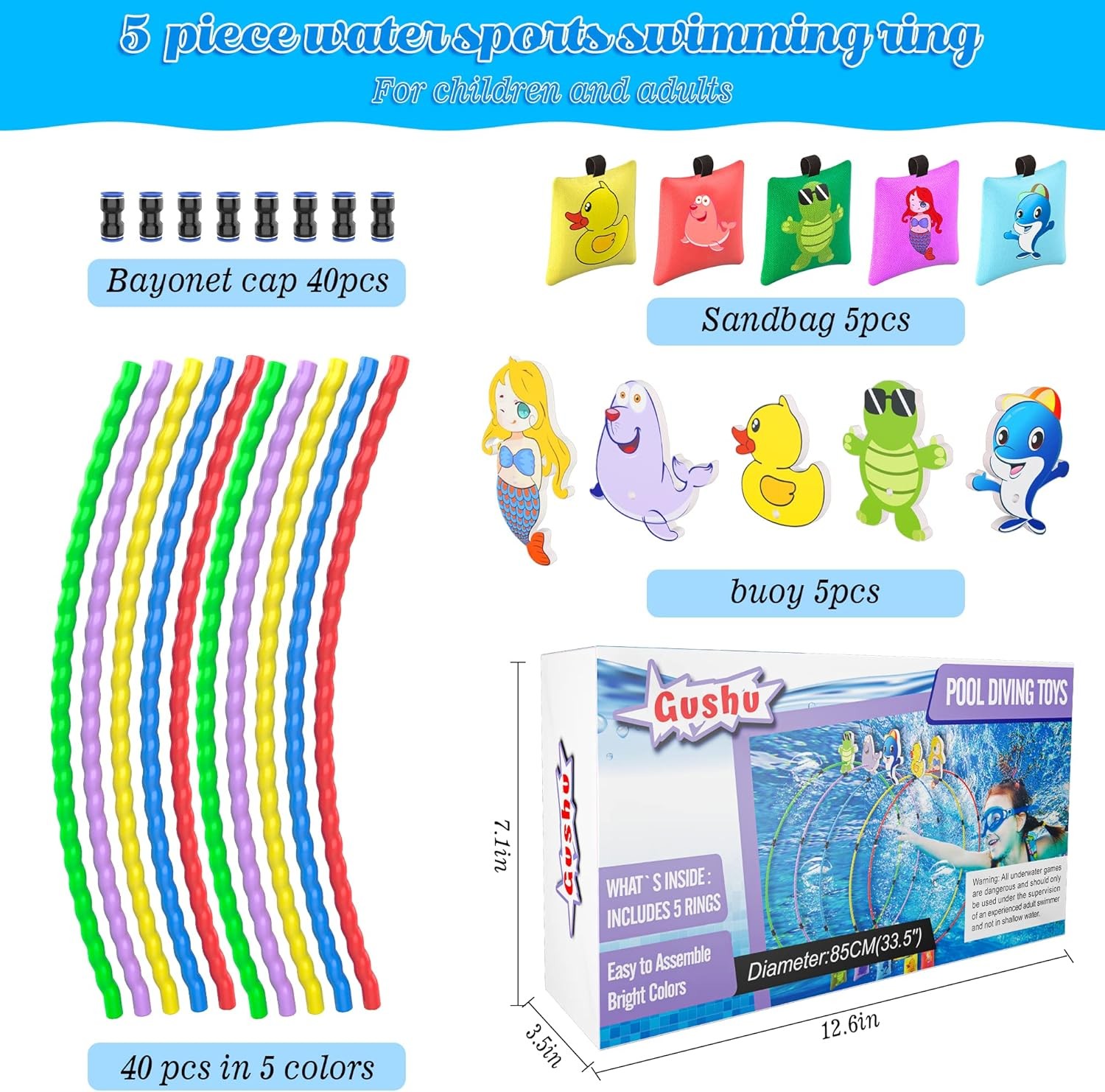 15 PCS Diving Pool Toys for Kids 4-8 with Rings Buoys Sandbags