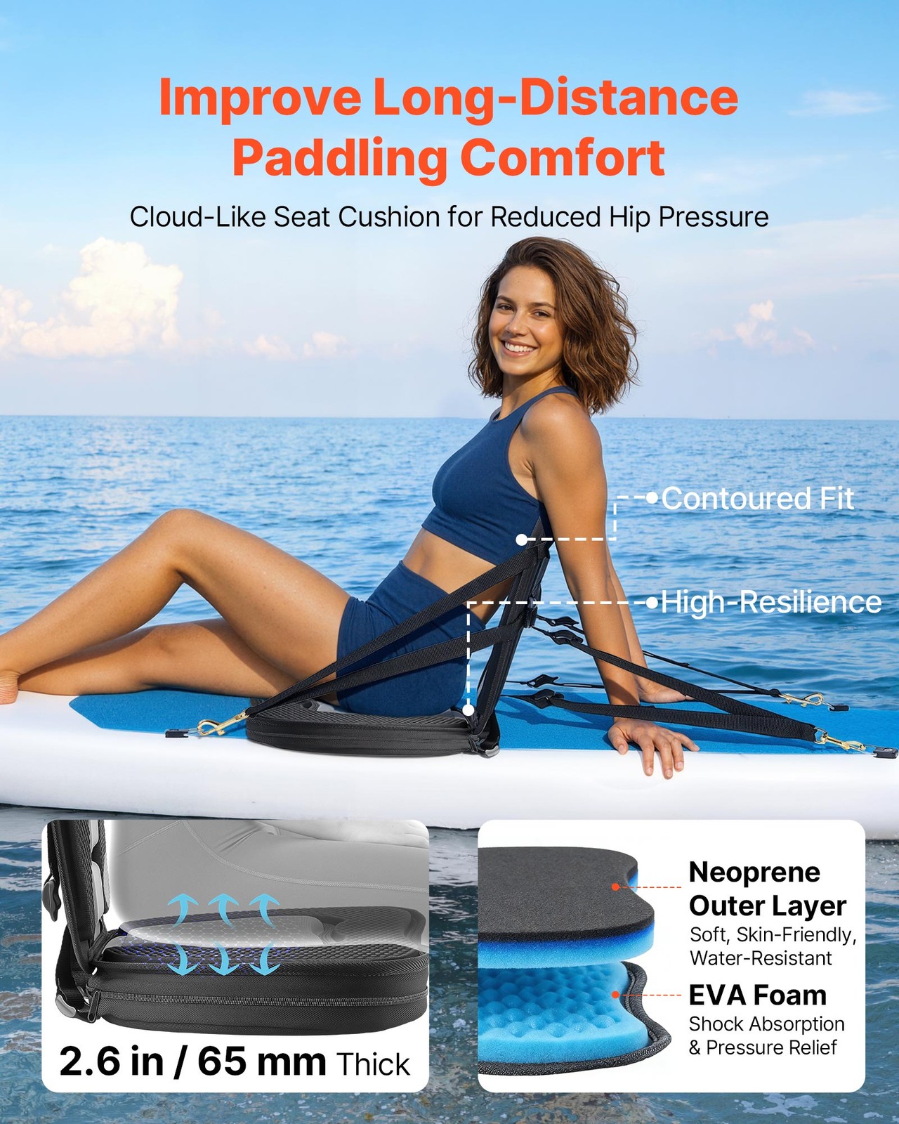 VEVOR Kayak Seat Universal Padded Kayak Seat Cushion Backrest 1 Pack 2.6″ Thick
