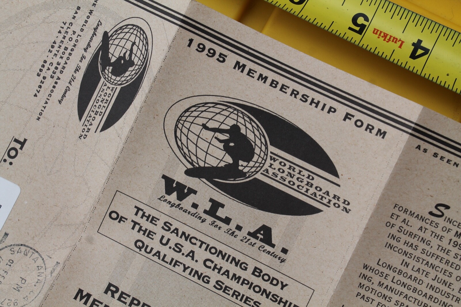 World Longboard Association WLA Vintage 1995 Surfing Original Application Form