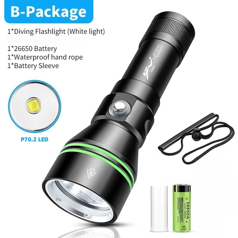 300000LM Professional Diving P70 Flashlight Underwater 200M Spearfishing Torch
