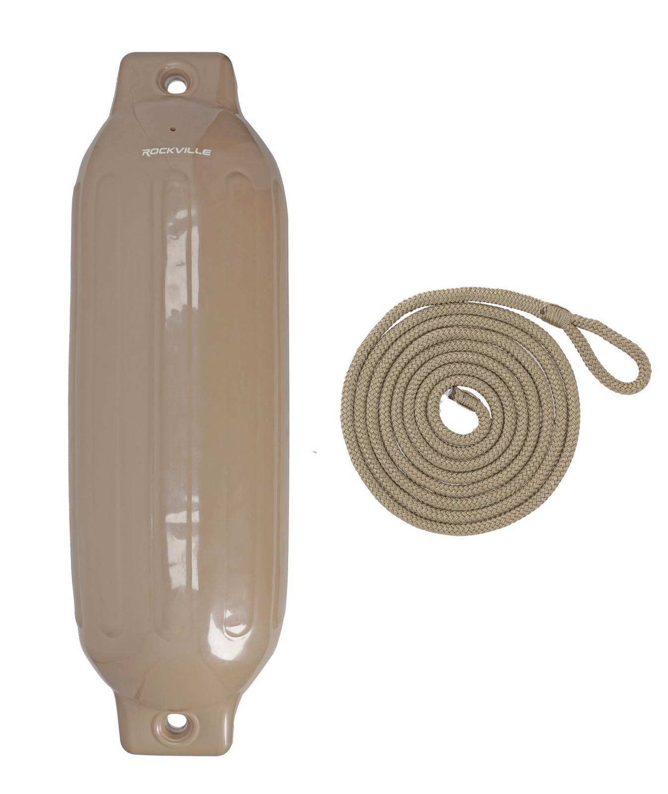(2) Rockville FEN185-SAND 8.5″ x 27″ Boat Fenders + 10 Foot Line Marine Bumpers
