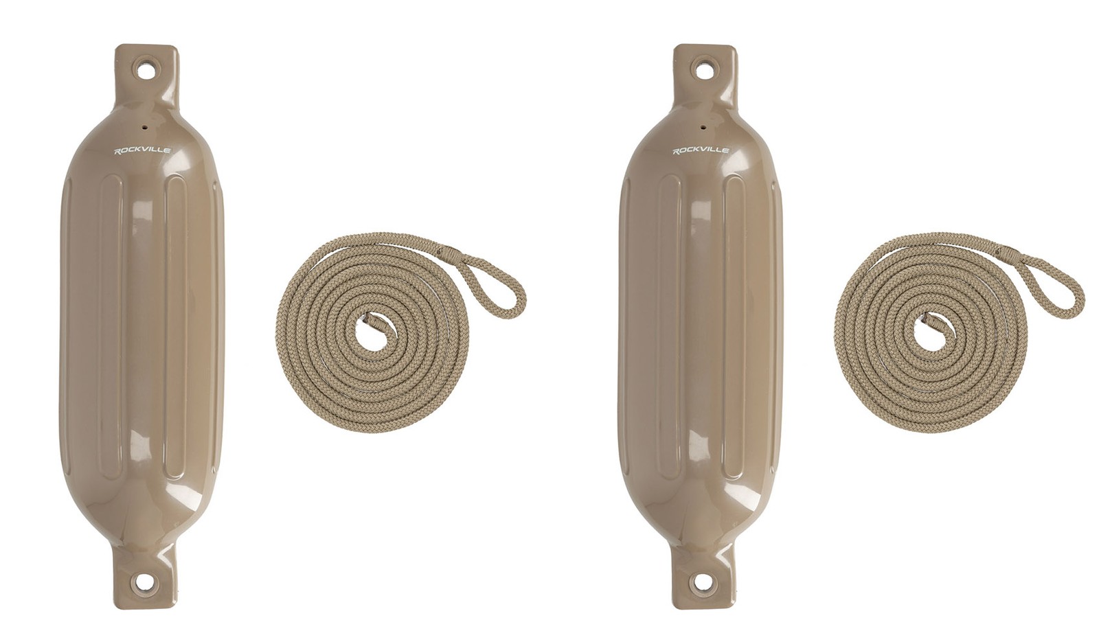 (2) Rockville FEN165-SAND 6.5″x23″ Boat Fenders + 10 Foot Line Marine Bumpers