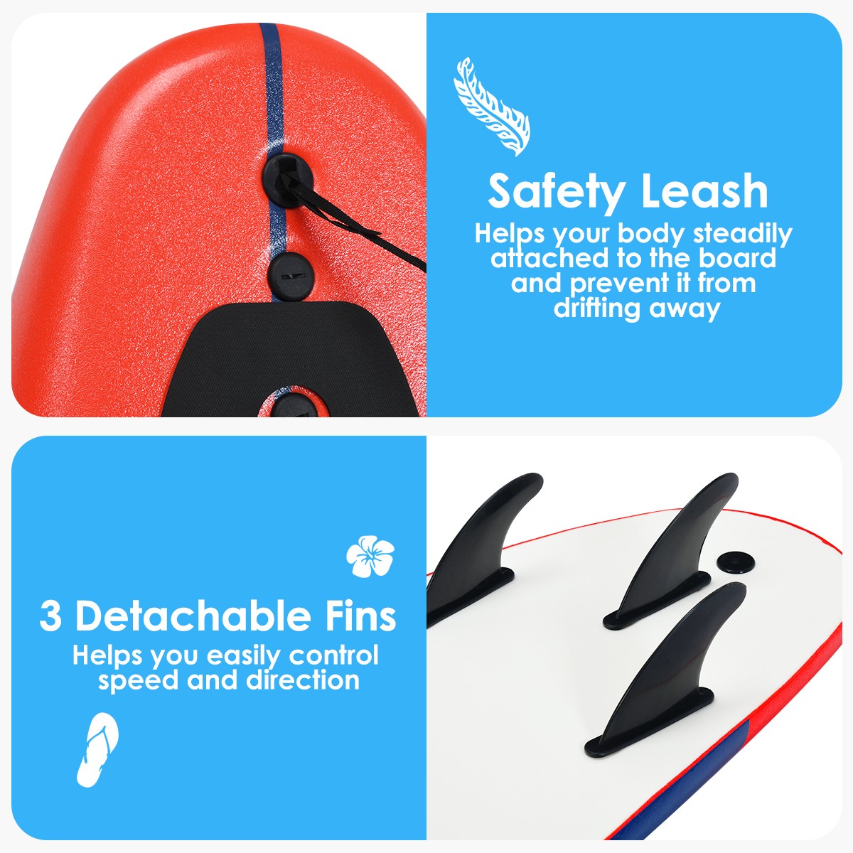 6′ Surfboard Foamie Body Surfing Board W/3 Fins Leash for Kids Adults Red