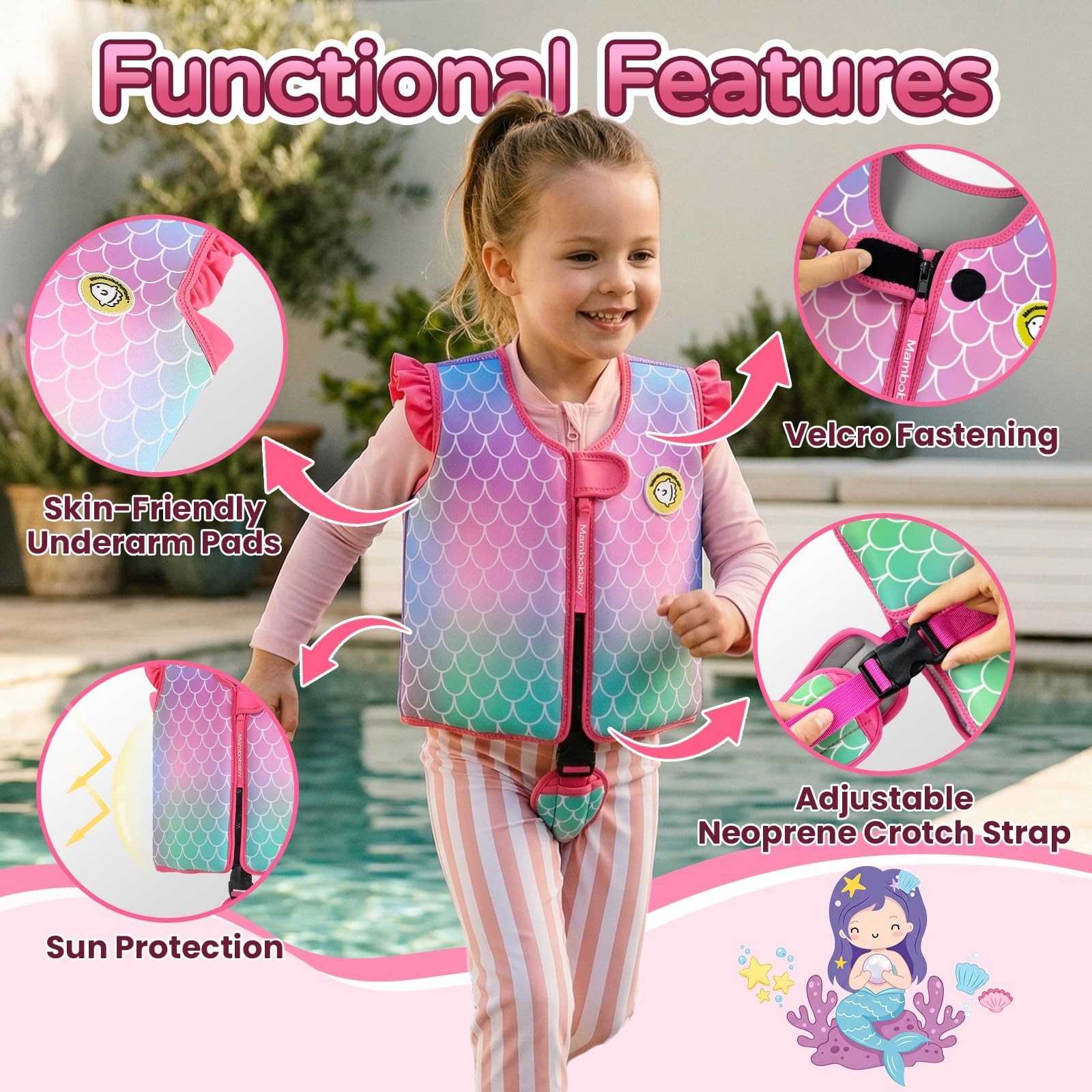 Mambobaby Toddler Swim Vest with Built-in Detachable L (5-6 Years), Mermaid